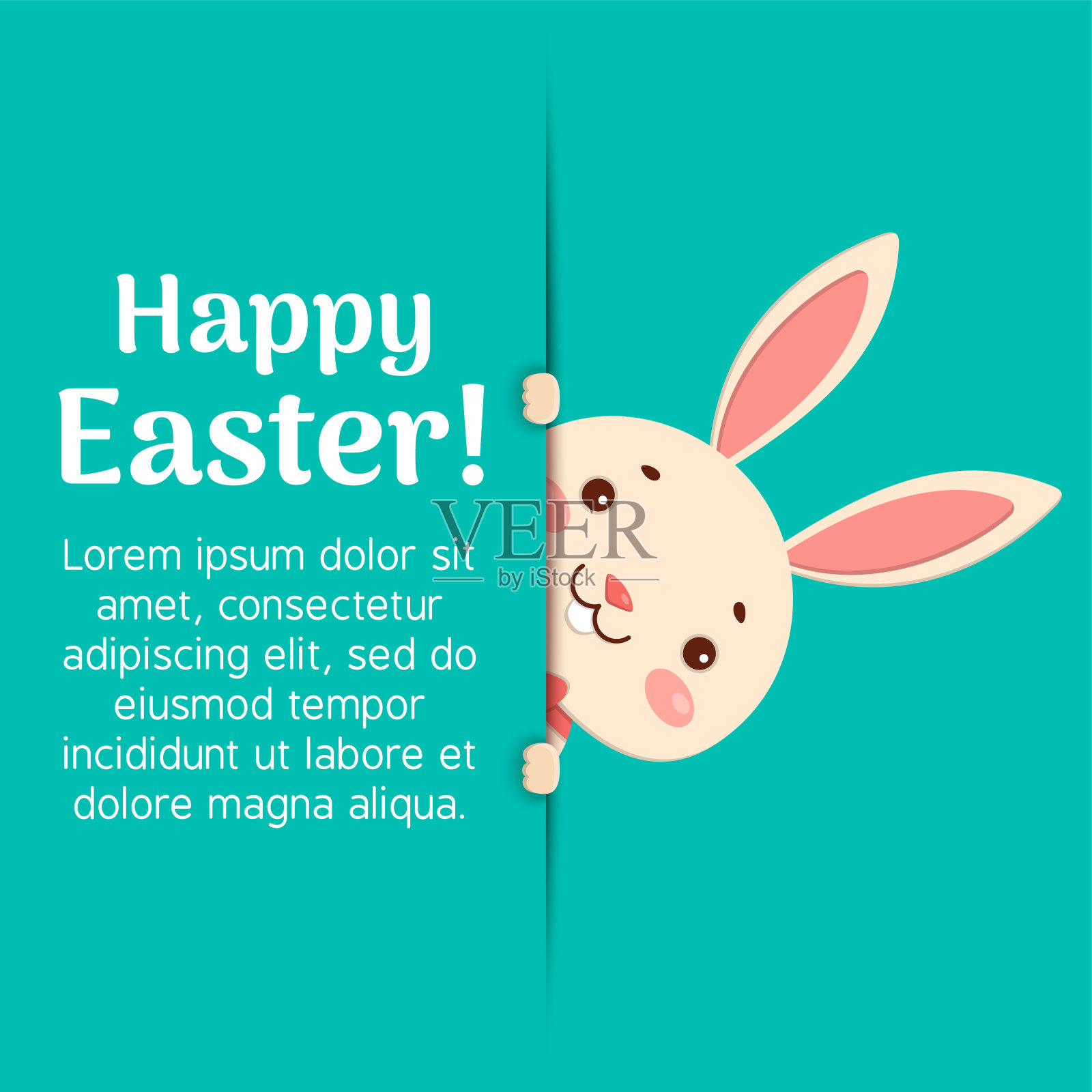 复活节快乐。复活节卡通兔子正从洞里往外看，捧着文字的地方。插画图片素材