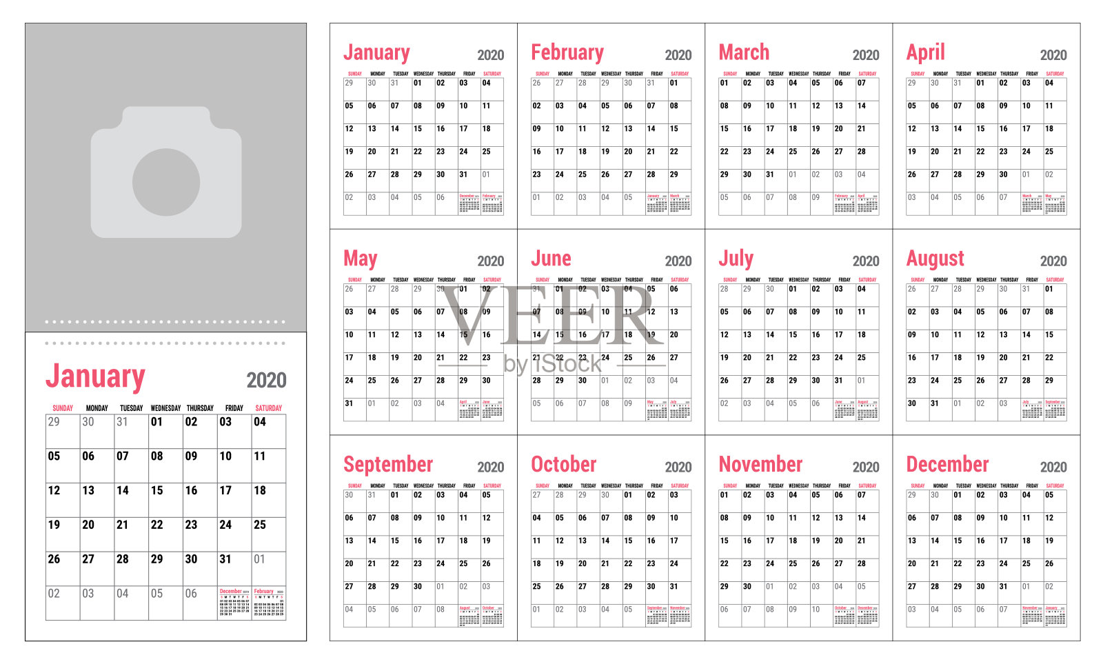 2020年日历。英语日历模板。矢量网格。办公室业务规划。简单的设计设计模板素材