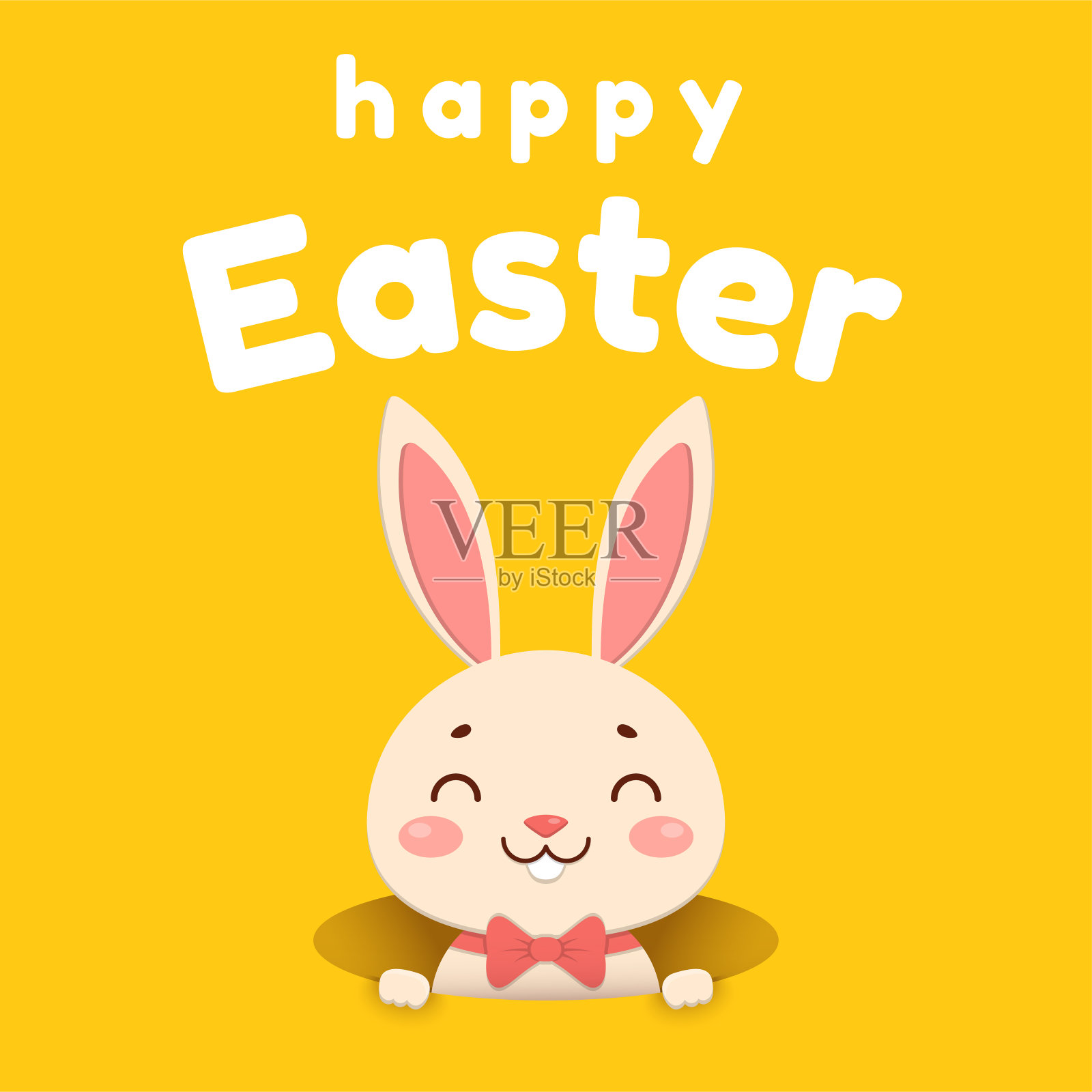 一只可爱的卡通兔子戴着红色的领结从洞里往外看，微笑着。孤立在黄色背景上。插画图片素材