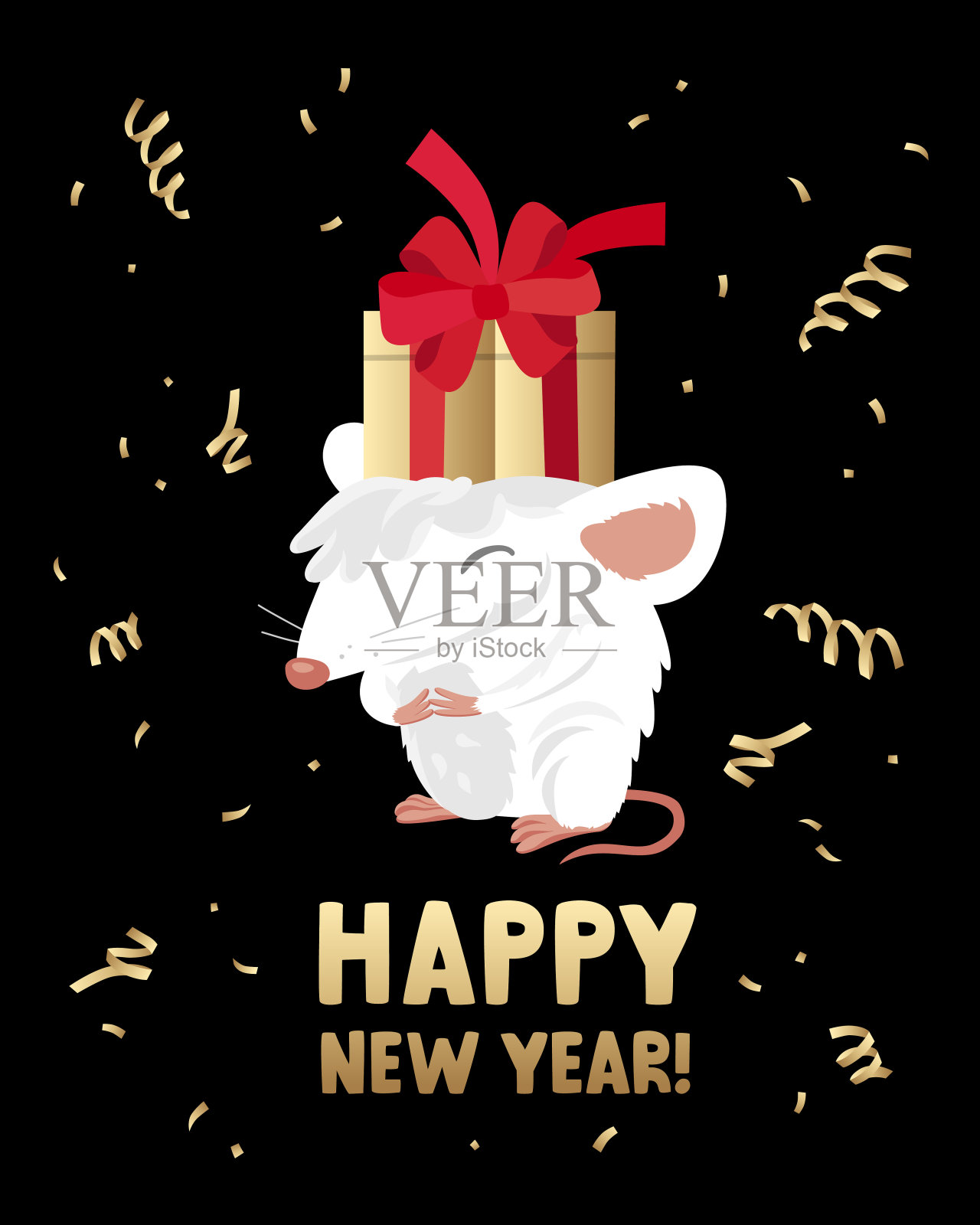 带着金色礼品盒的小白鼠。新年快乐。刻字。插画图片素材