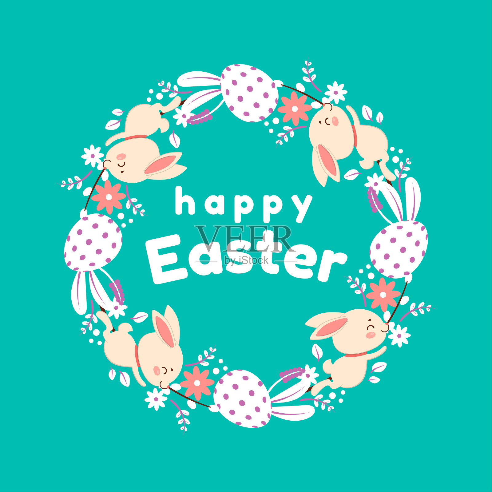 用鲜花、鸡蛋和兔子做成的复活节花环。孤立在绿松石背景上。插画图片素材