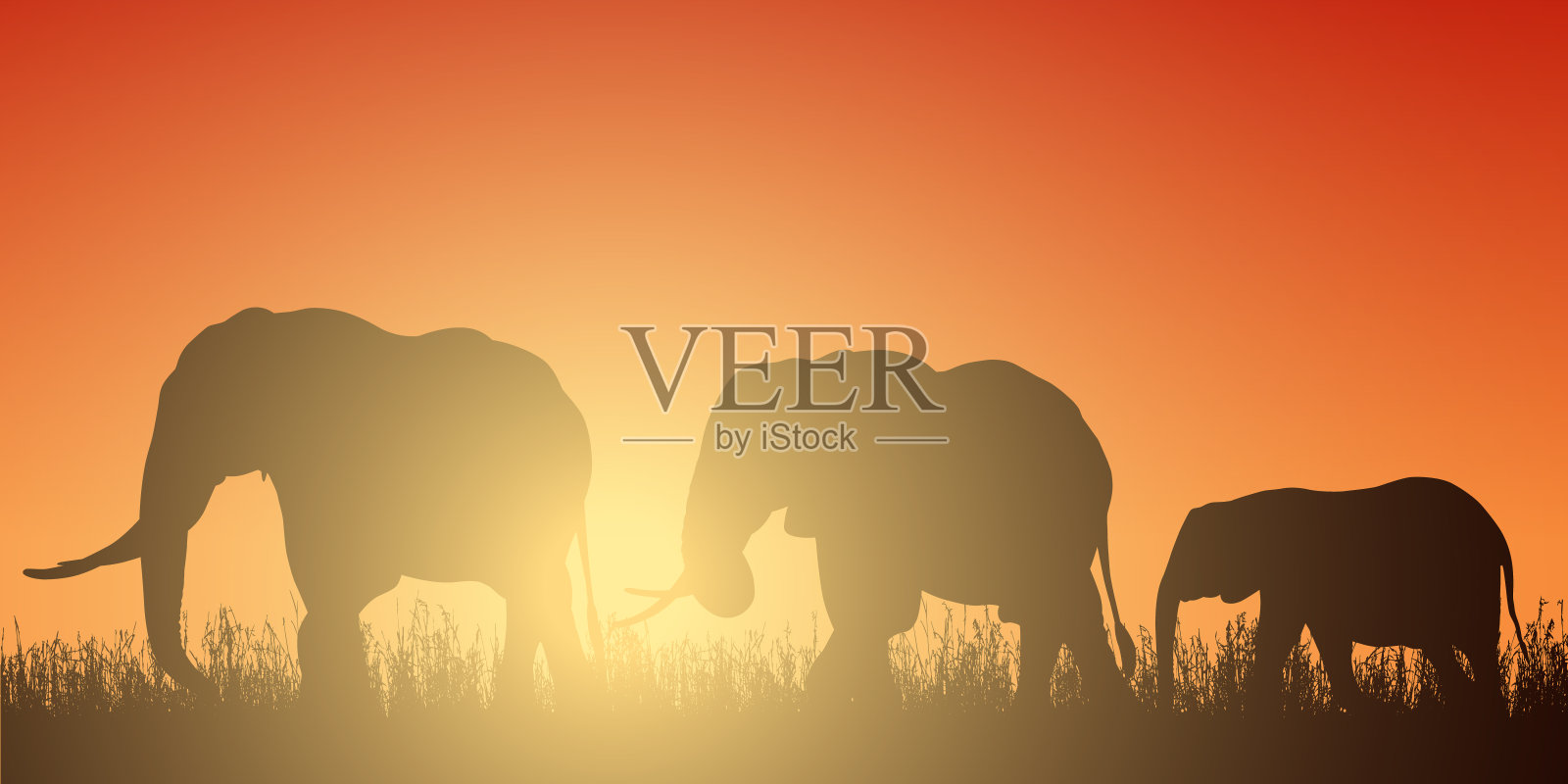 现实插图与剪影的三只大象在非洲狩猎。草和红橙色的天空与升起的太阳向量插画图片素材