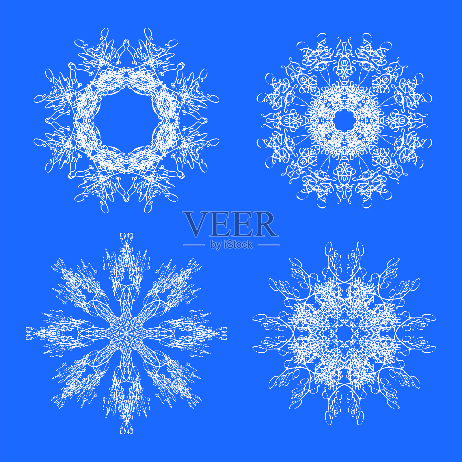 一组不同的冬季白色雪花孤立在蓝色背景。插画图片素材