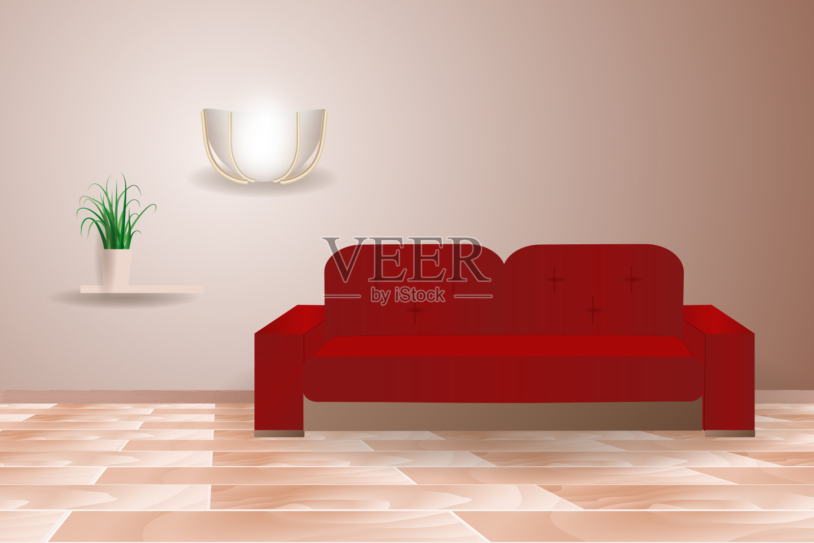 客厅家具内饰以写实的红色沙发吊灯构成，矢量插画。插画图片素材