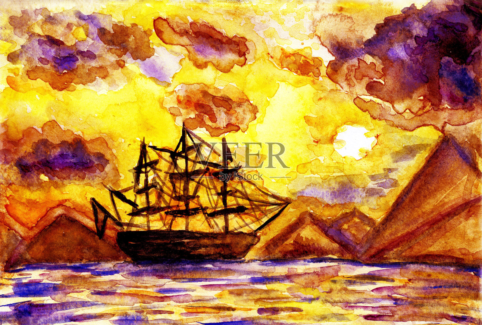 黄色橙色紫色傍晚日落海景水彩插图插画图片素材