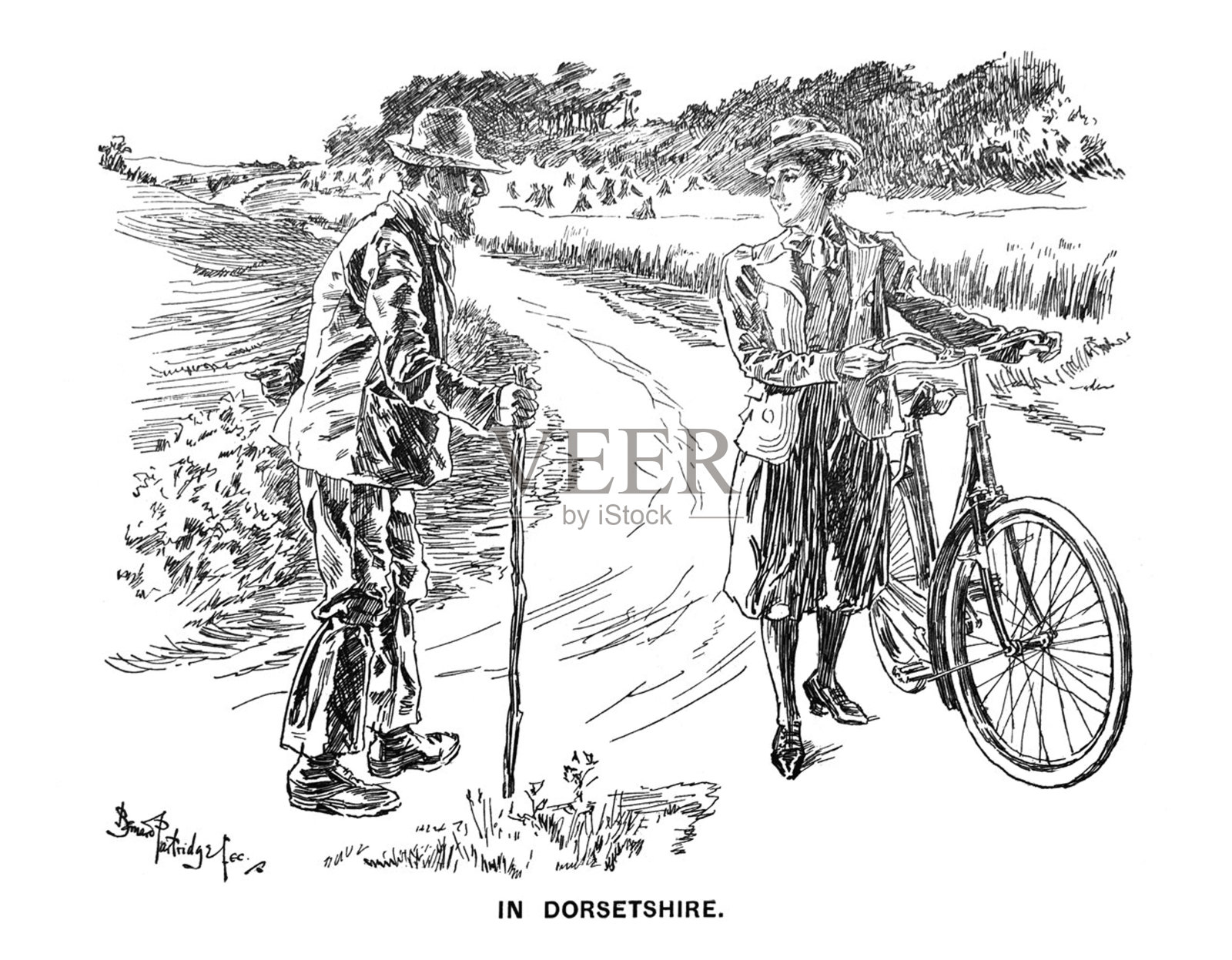 英国讽刺漫画漫画漫画插图-女人与自行车交谈的男人-多塞特郡插画图片素材