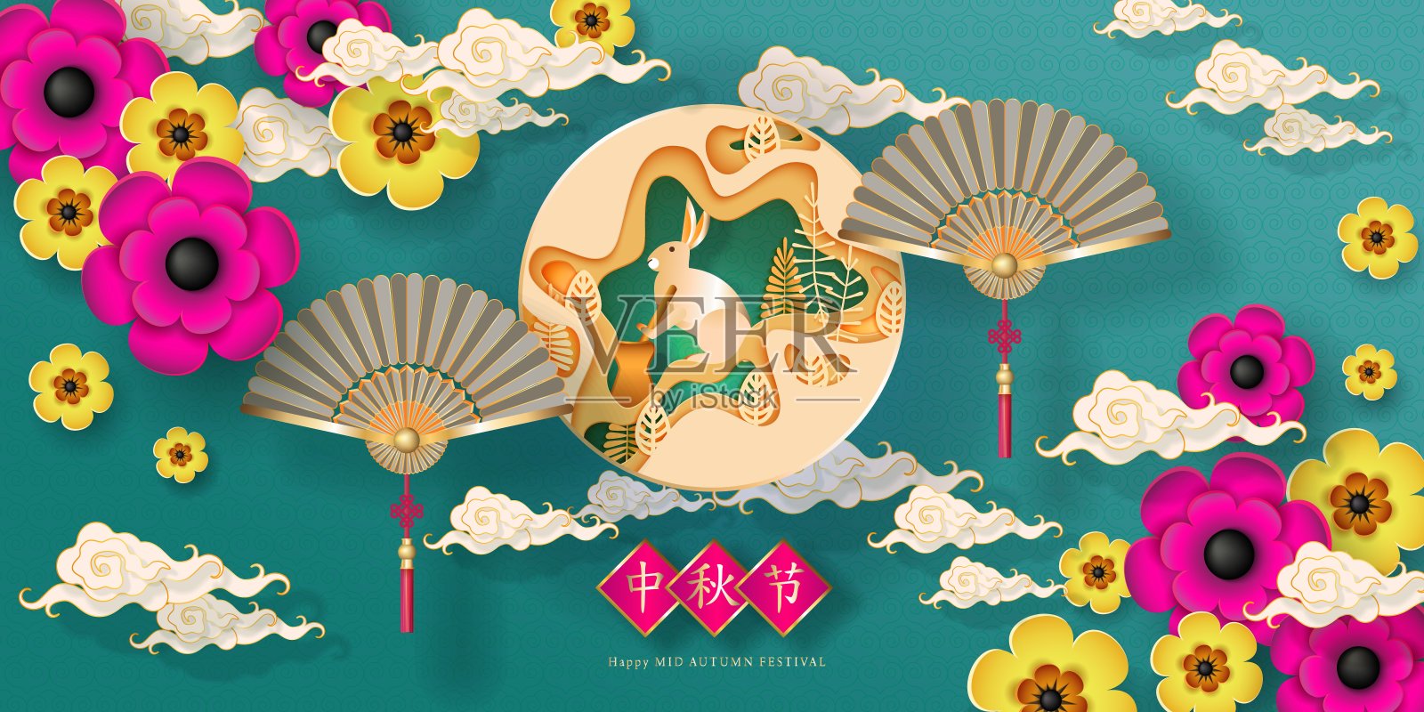 中国的中秋节。天灯，月兔，云，花，扇设计模板素材