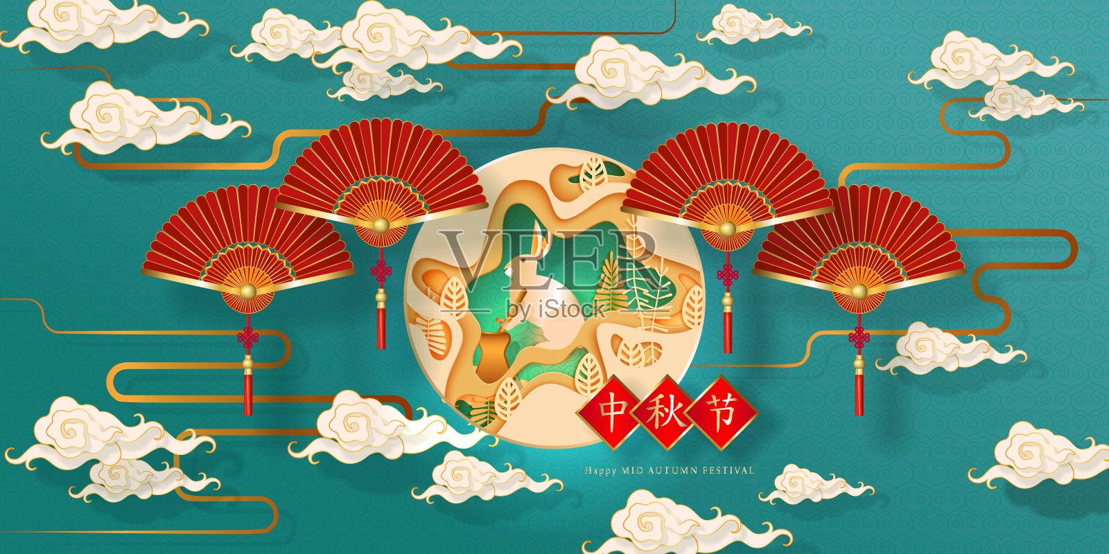 中国的中秋节。月亮上的金兔子插画图片素材