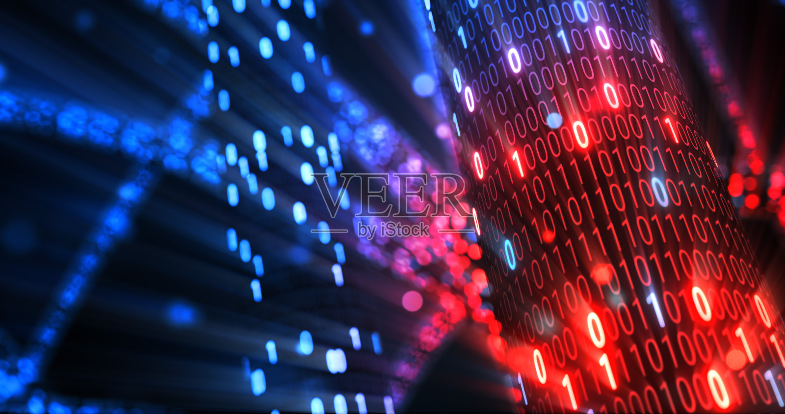 黑客红蓝数字二进制码矩阵01背景。黑客、暗网、矩阵、数字数据码安全技术概念。三维渲染照片摄影图片