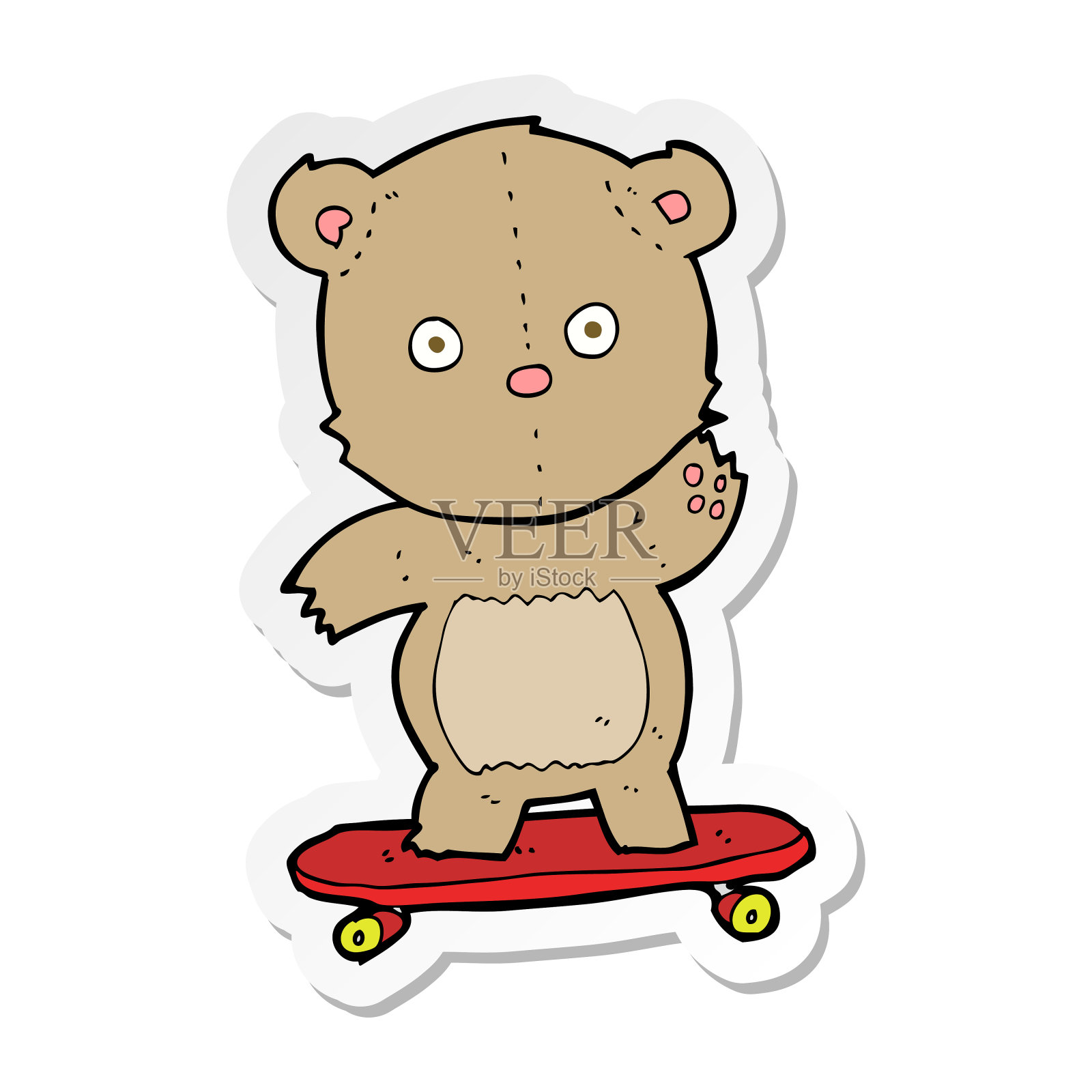 滑板上的卡通泰迪熊贴纸插画图片素材