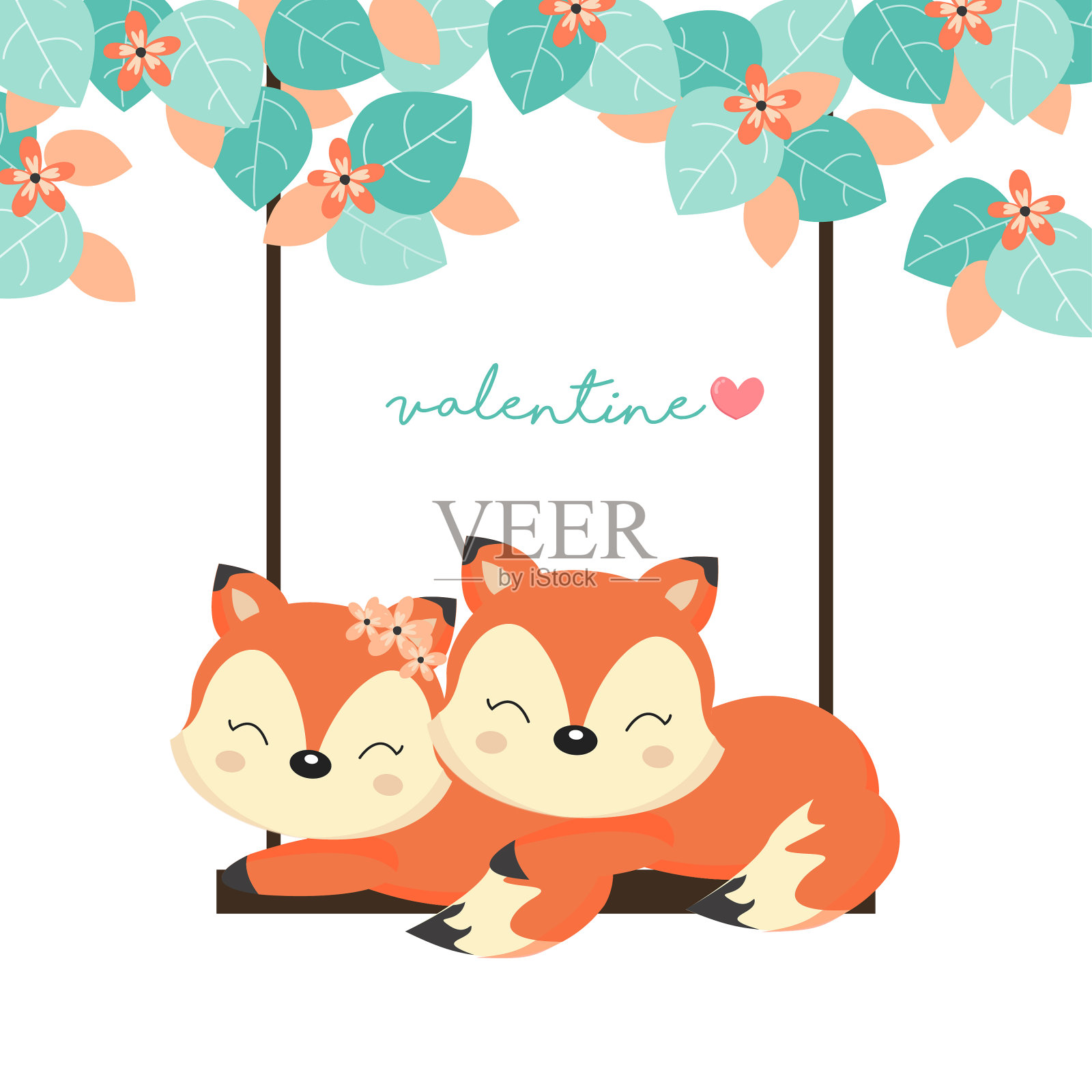 情人节卡片。两只狐狸在森林里荡秋千。插画图片素材