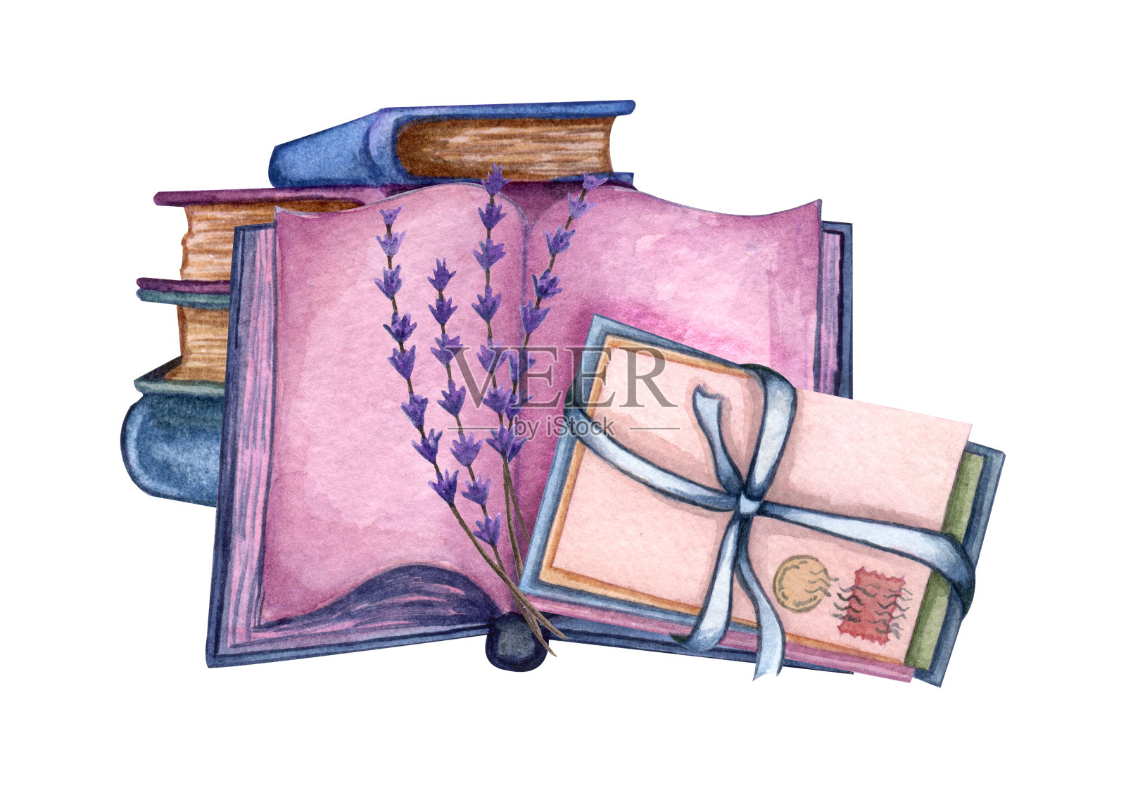 手绘水彩插图。一堆旧书，薰衣草枝，打开的书，情书。紫色的颜色插画图片素材