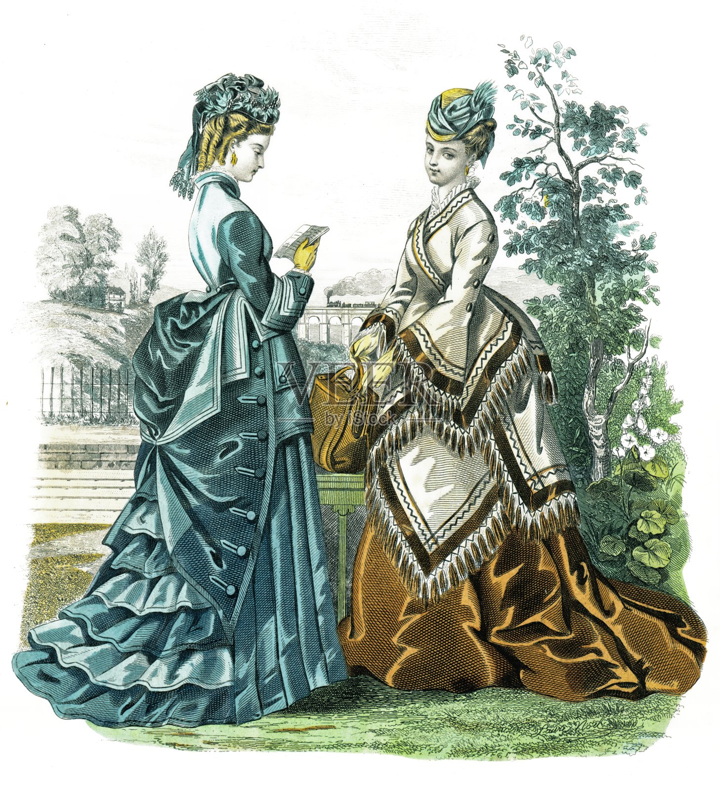 双色调蓝色塔夫绸裙-棕色塔夫绸裙配浅外套。优雅时尚1874插画图片素材