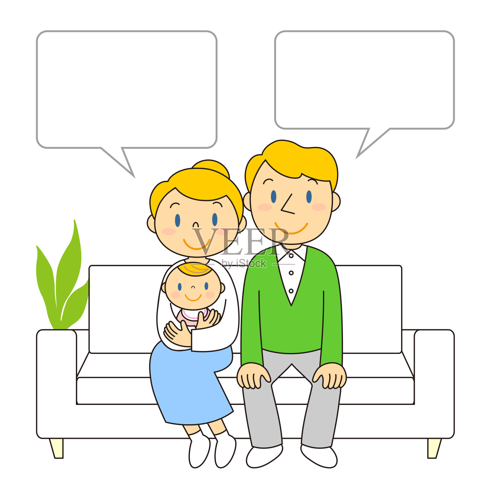 一对夫妇和一个婴儿坐在沙发上的插图插画图片素材