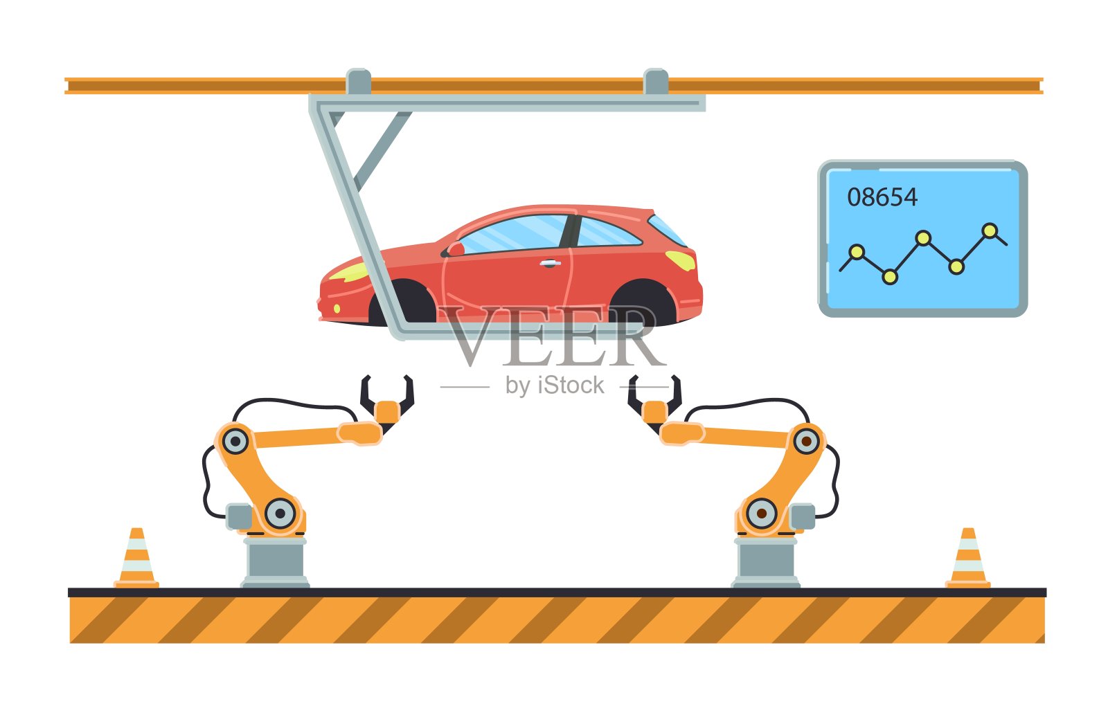 汽车生产线概念。汽车装配输送机。插画图片素材