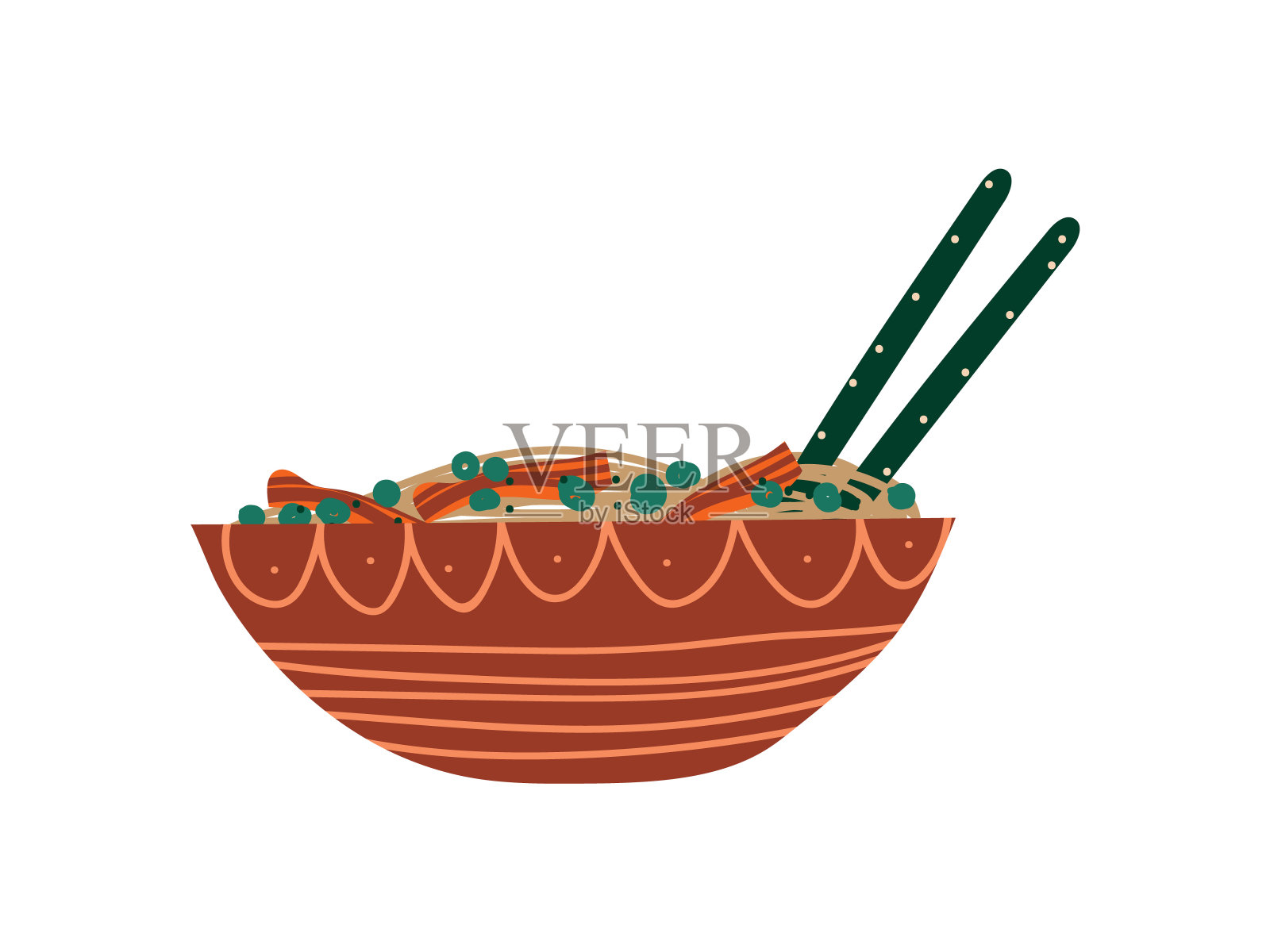 陶瓷碗面条汤与筷子，传统的中国或日本食物，拉面矢量插图插画图片素材
