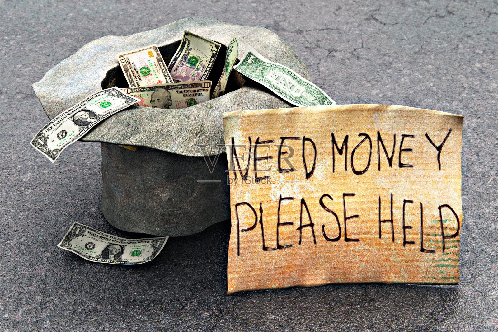 乞丐的帽子带着钱走在街上照片摄影图片