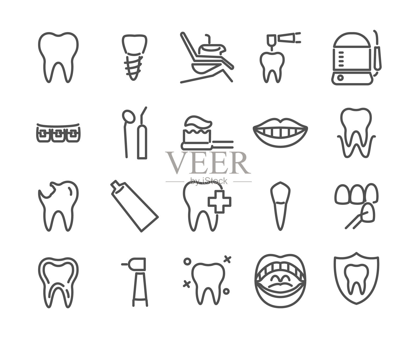 牙医图标设置在线条风格。包括健康牙齿，植牙，口腔冲洗器，微笑，贴面，口腔等图标，48X48像素完美编辑stock矢量插图。图标素材