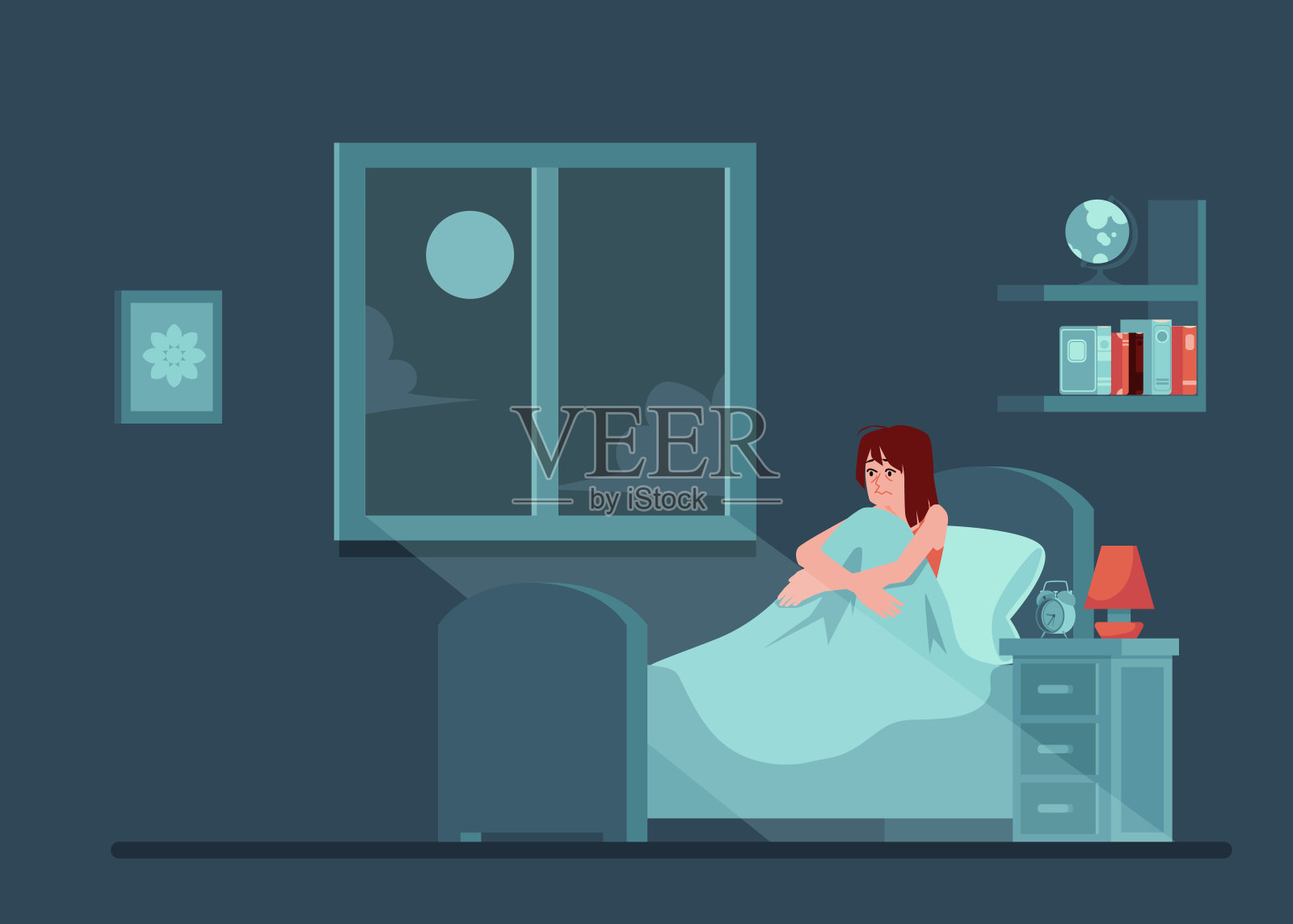 向量不幸的女人失眠在床上插画图片素材