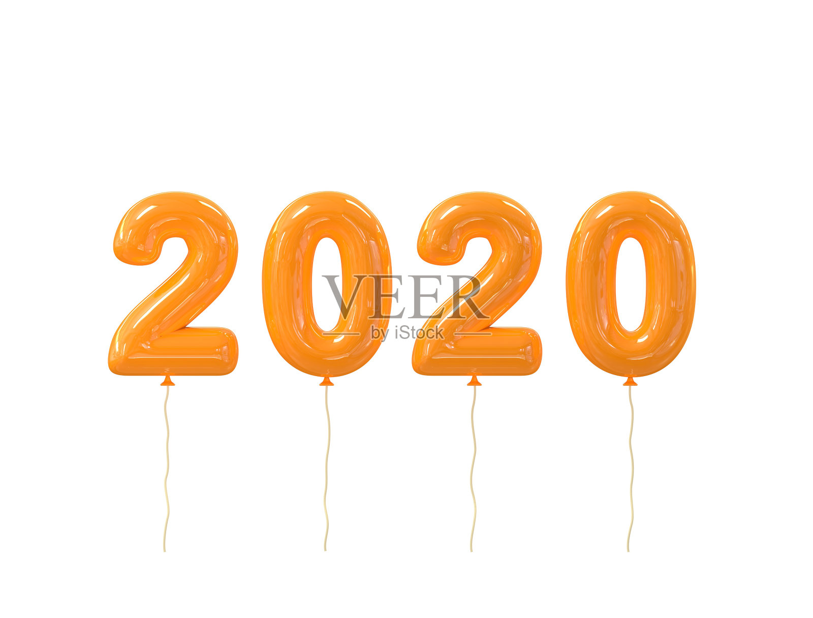 新年快乐2020现实橙色气球数字孤立在白色背景。3 d渲染。圣诞庆祝装饰设计元素为海报，横幅，促销或营销照片摄影图片