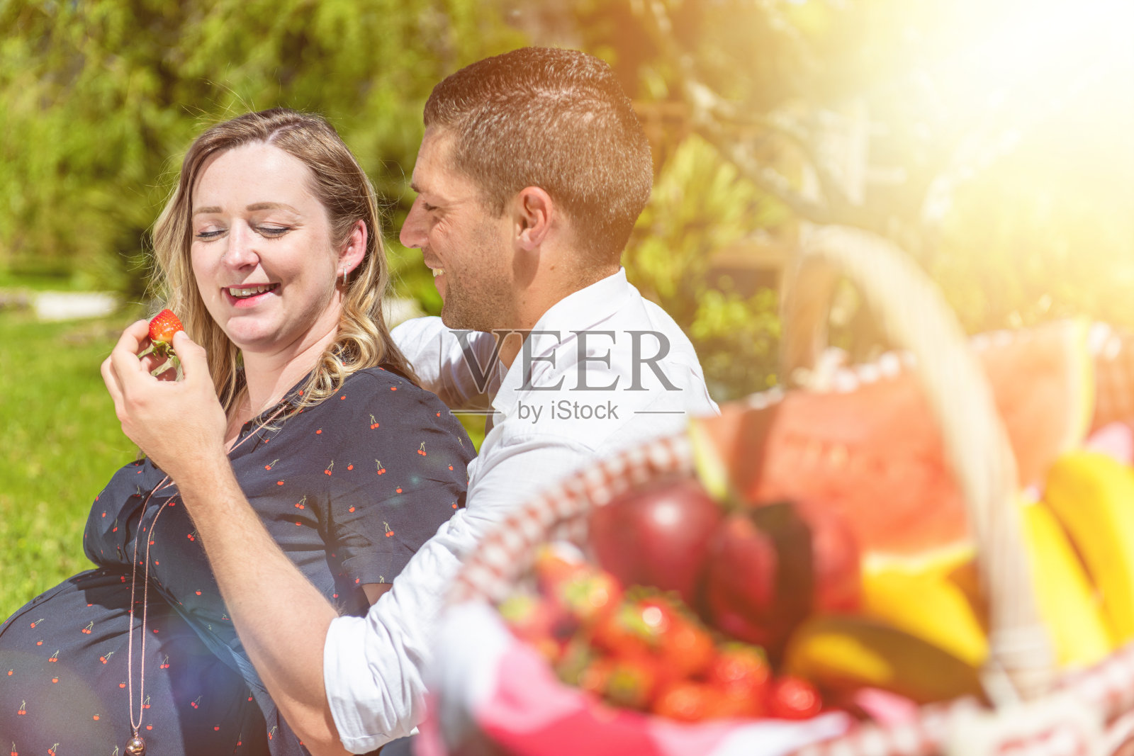 男人在野餐时喂她的妻子照片摄影图片