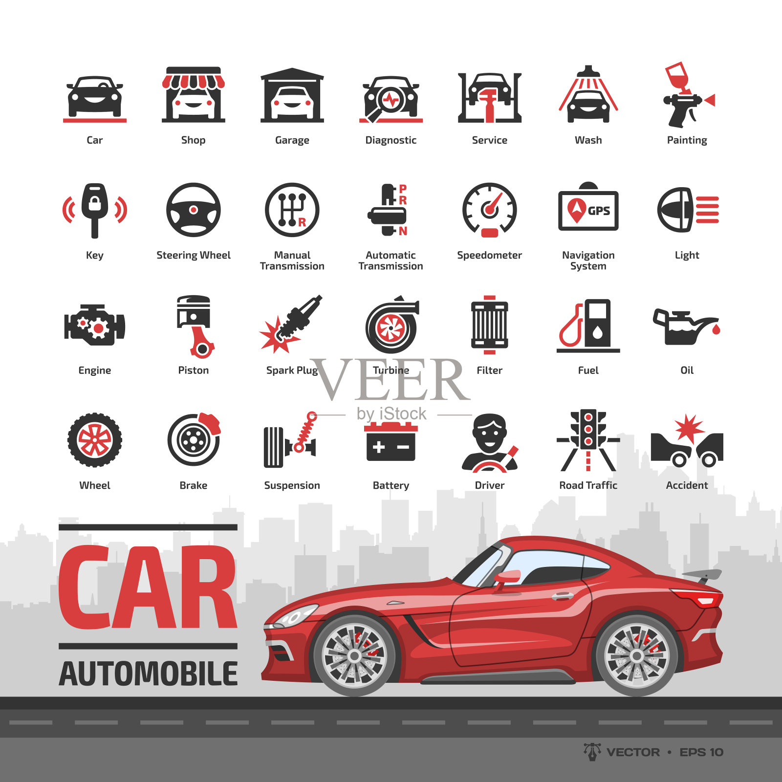 汽车图标设置与红色跑车模型和基本的汽车符号:汽车，汽车服务，洗车和商店，汽车修理，车轮和轮胎，油和燃料，发动机，电池，刹车和更多的符号。插画图片素材