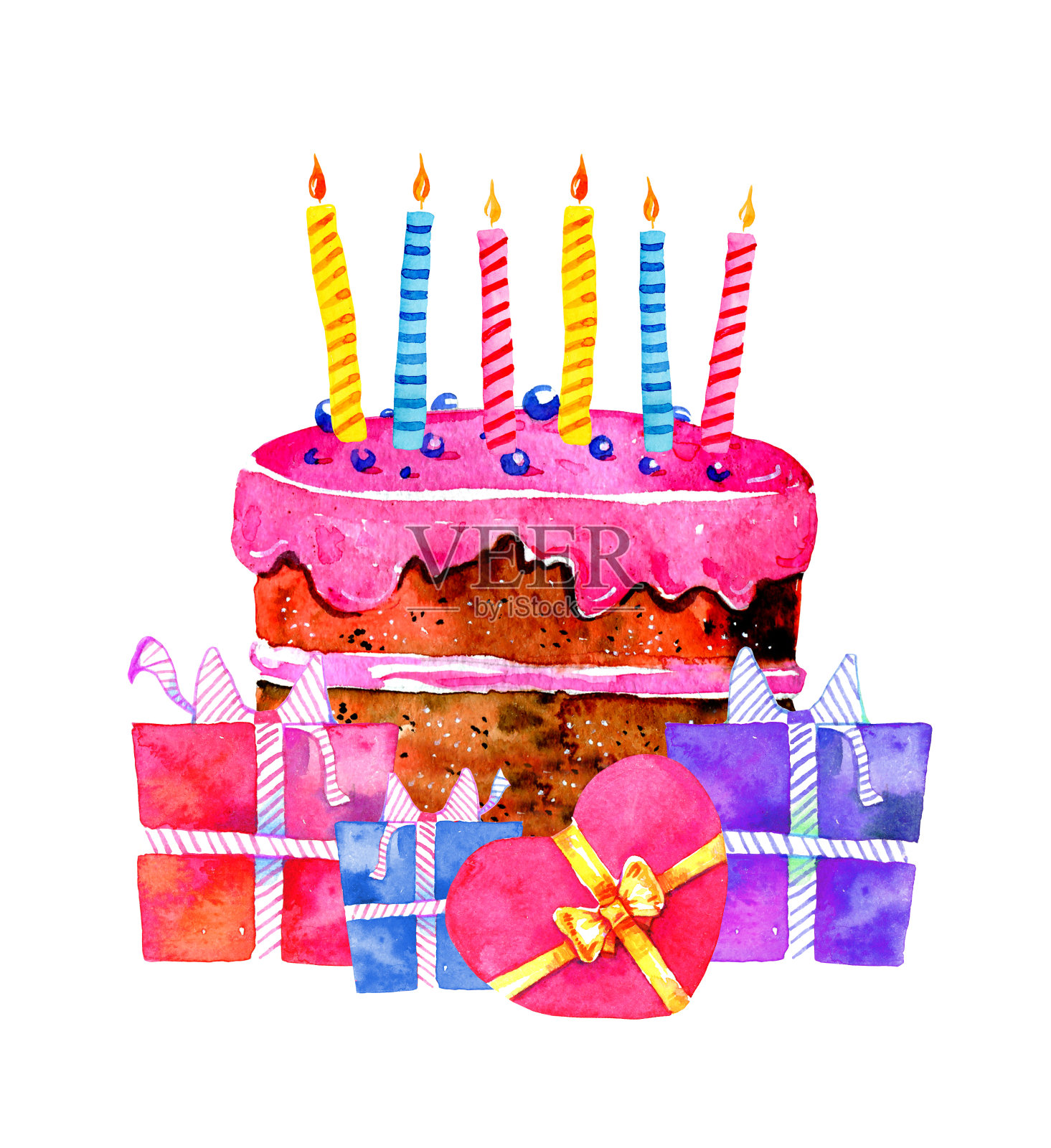 生日蛋糕和礼盒。手绘卡通水彩素描插图设计模板素材
