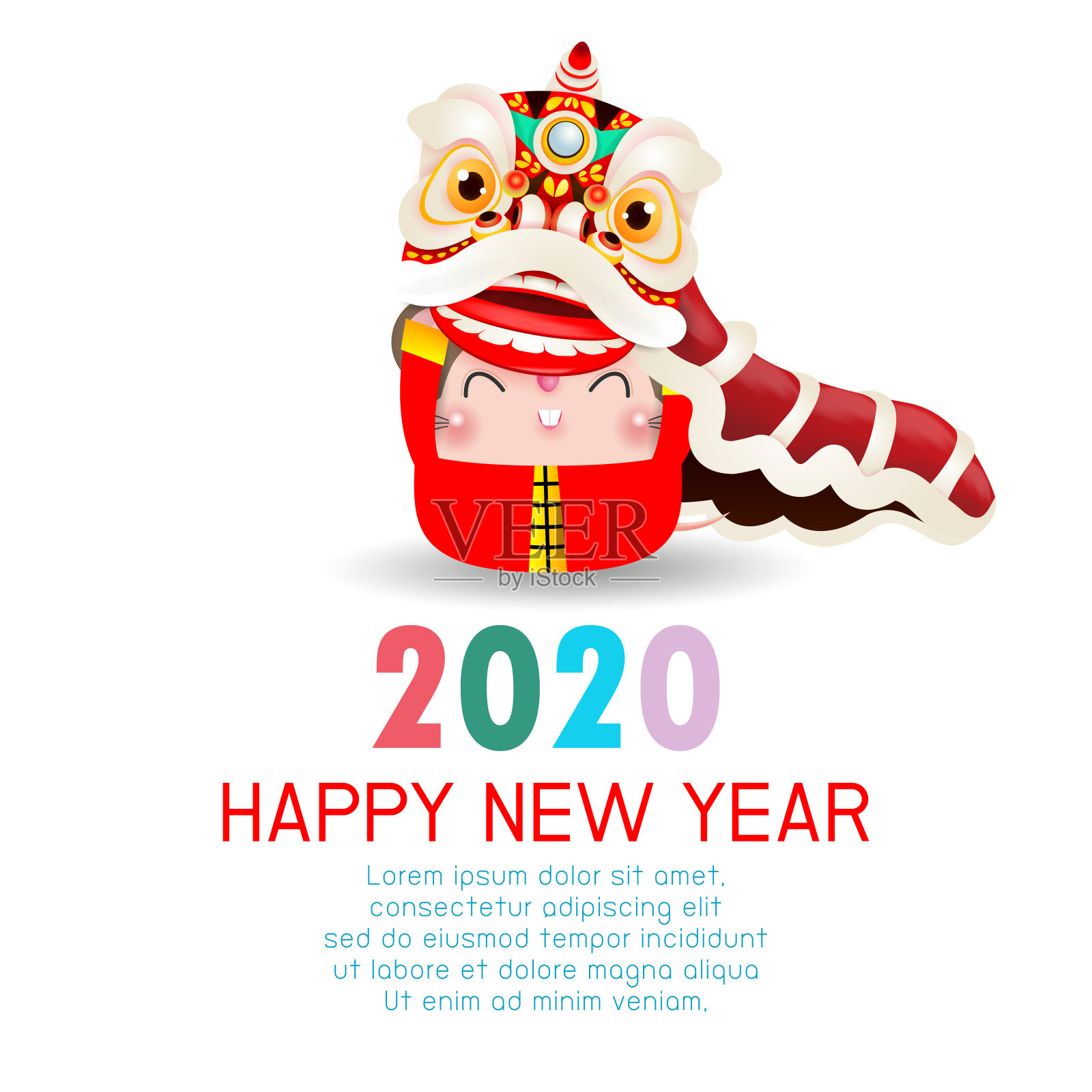 2020年新年快乐。中国新年。鼠年。新年贺卡与可爱的小老鼠表演舞狮，背景插图向量设计模板素材
