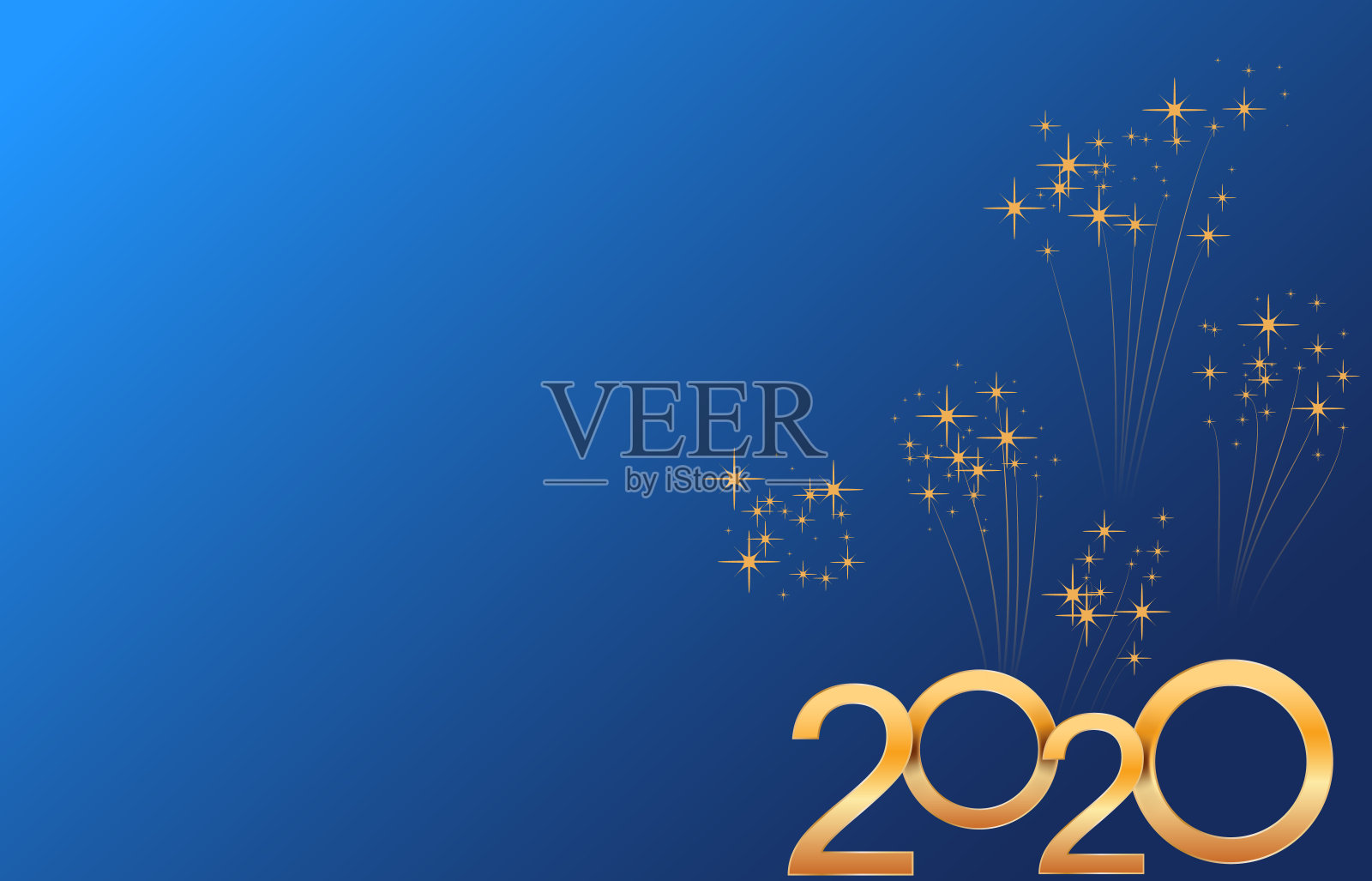 2020年新年快乐金色数字设计孤立在蓝色背景与烟花。假日横幅，海报，传单，贺卡或邀请模板。鼠年。本空间插画图片素材