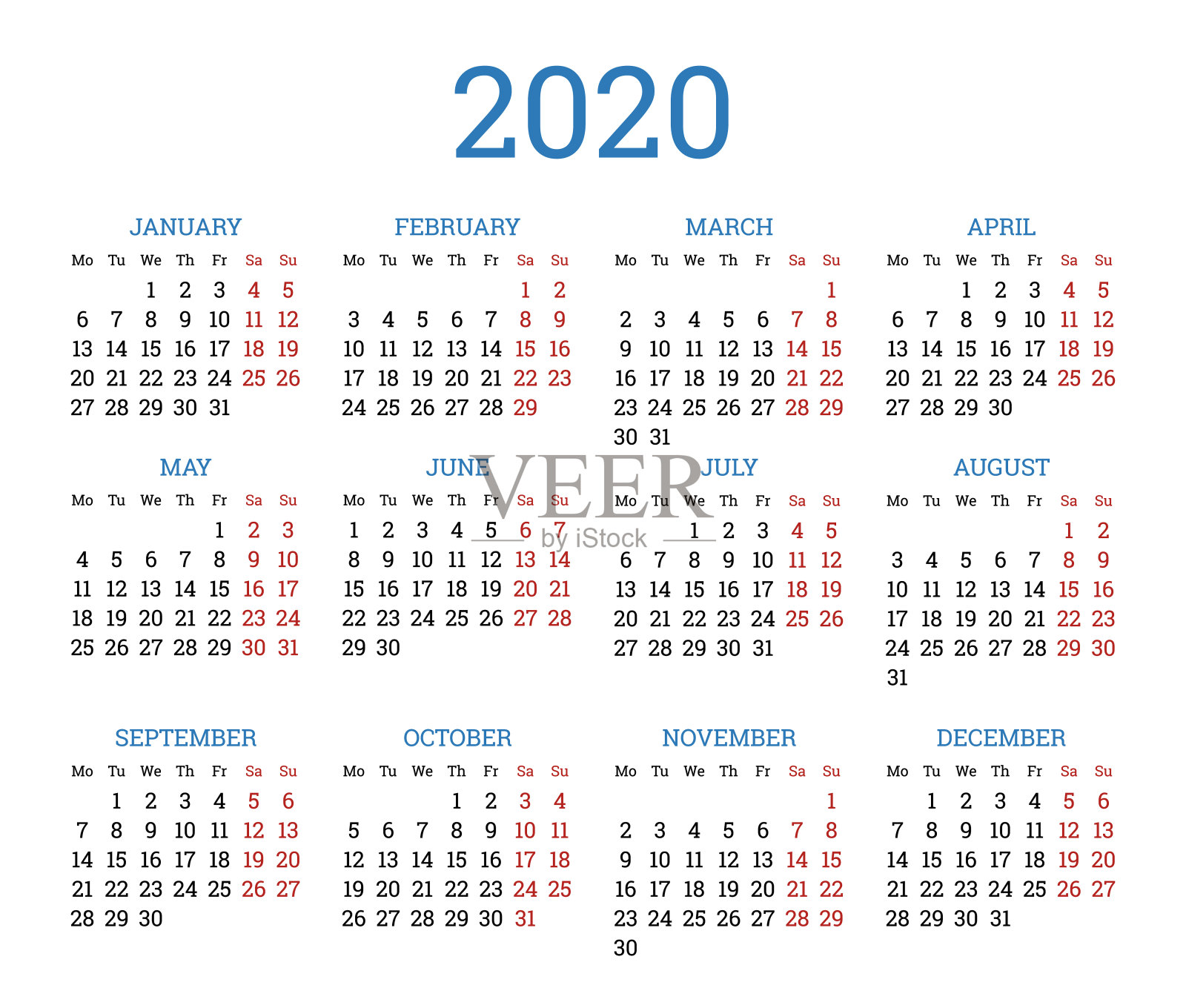 简单的传统日历布局为2020年设计模板素材
