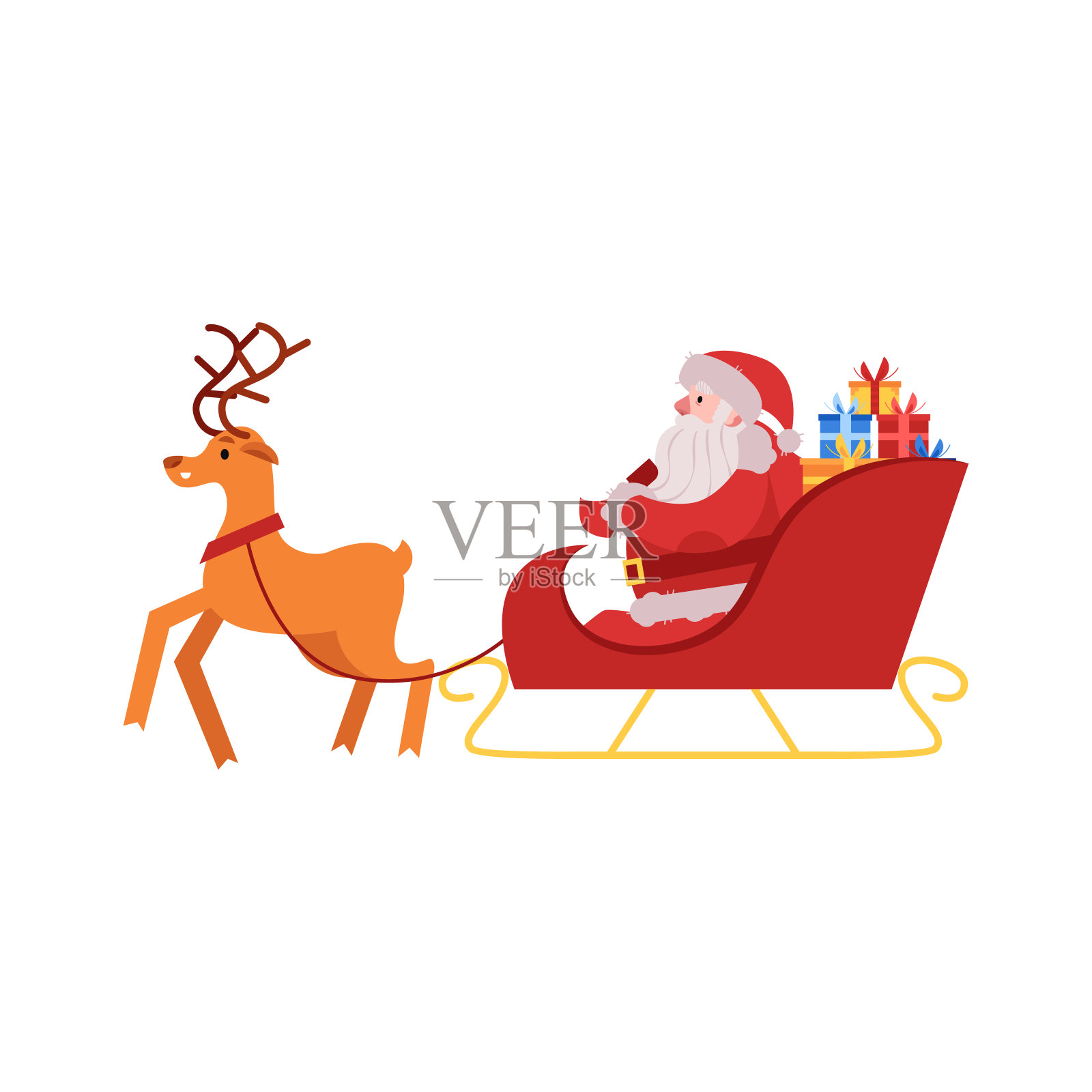 矢量插图的圣诞老人在红色服装和帽子与礼盒坐在雪橇拉的驯鹿。设计元素图片
