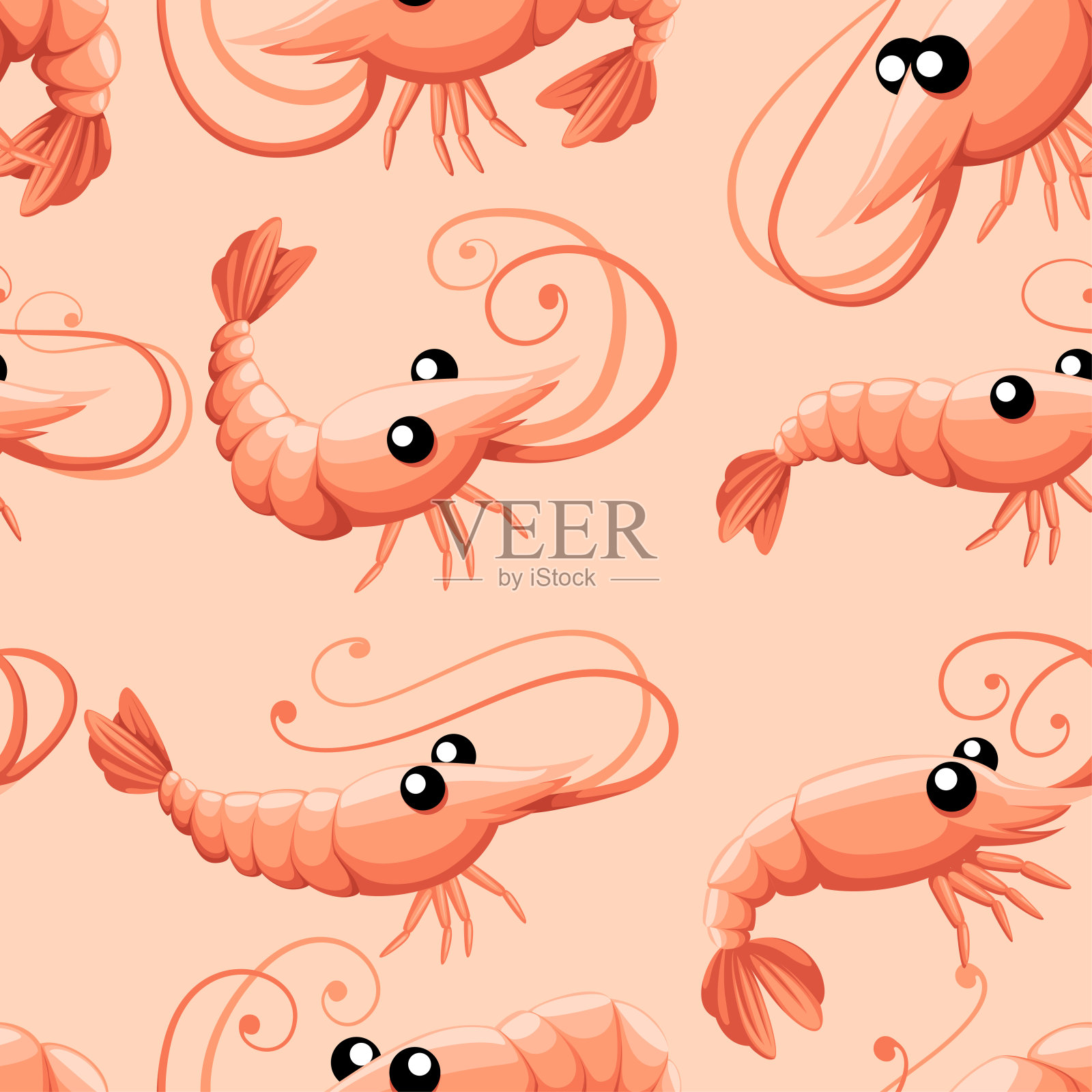 可爱的虾在各种姿势无缝模式。卡通动物角色设计。游泳的甲壳类动物。平面矢量插图粉红色的背景插画图片素材