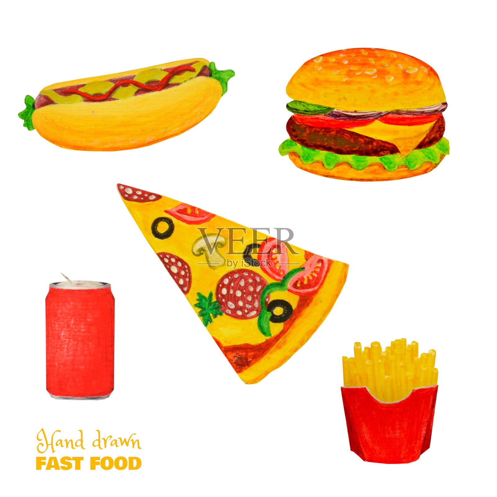 快餐缤纷套餐。即食餐孤立于白色。汉堡，三明治，披萨，薯条，饮料。插画图片素材