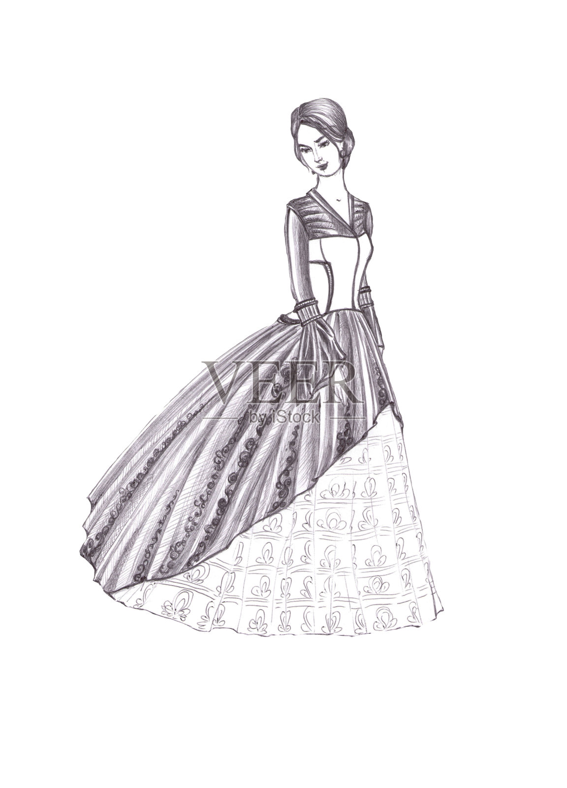 一位穿着豪华复古长裙的女士，用黑色的笔在白色的背景上作画插画图片素材