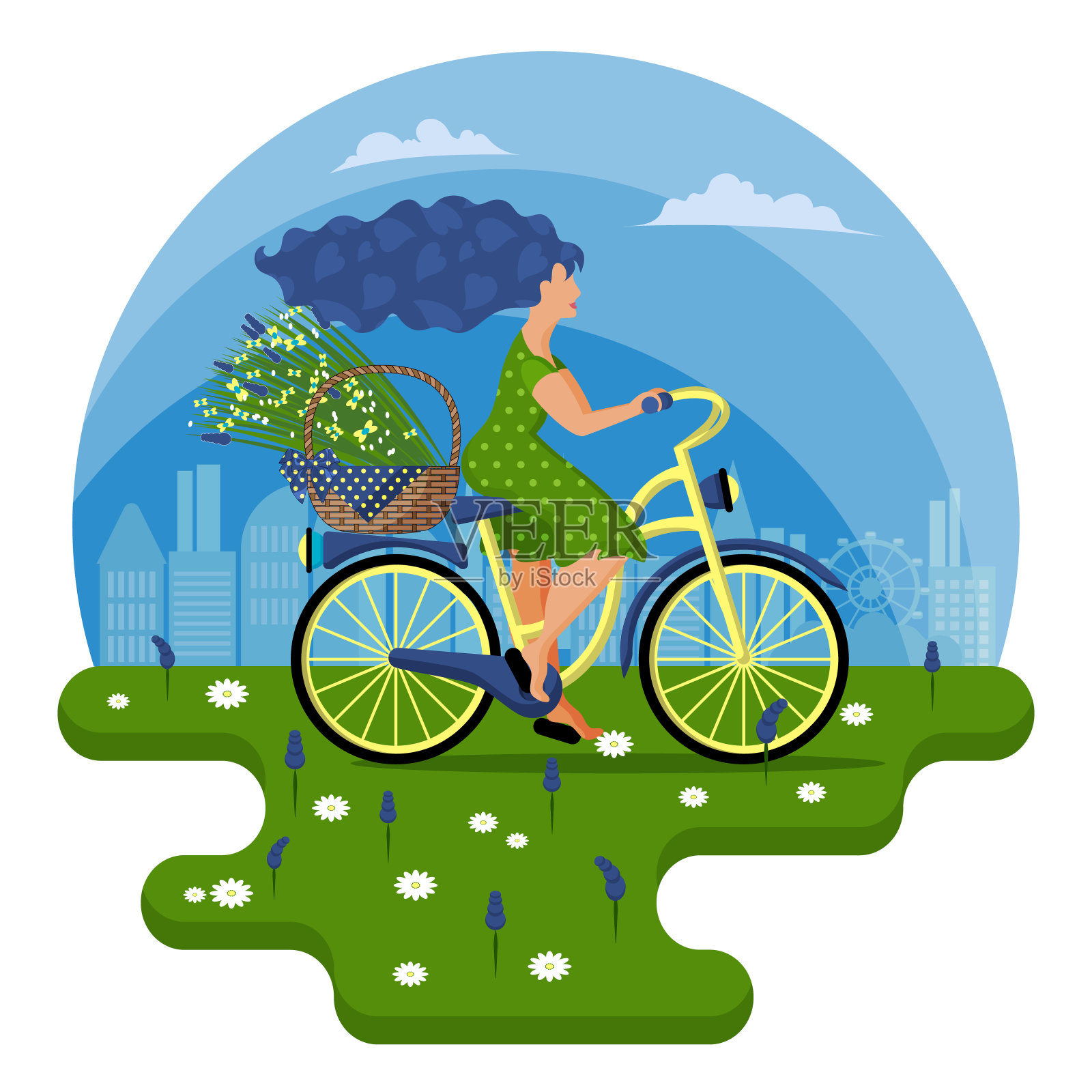 一位身穿绿色连衣裙的年轻女子骑着自行车，挎着一篮子野花穿过田野。插画图片素材