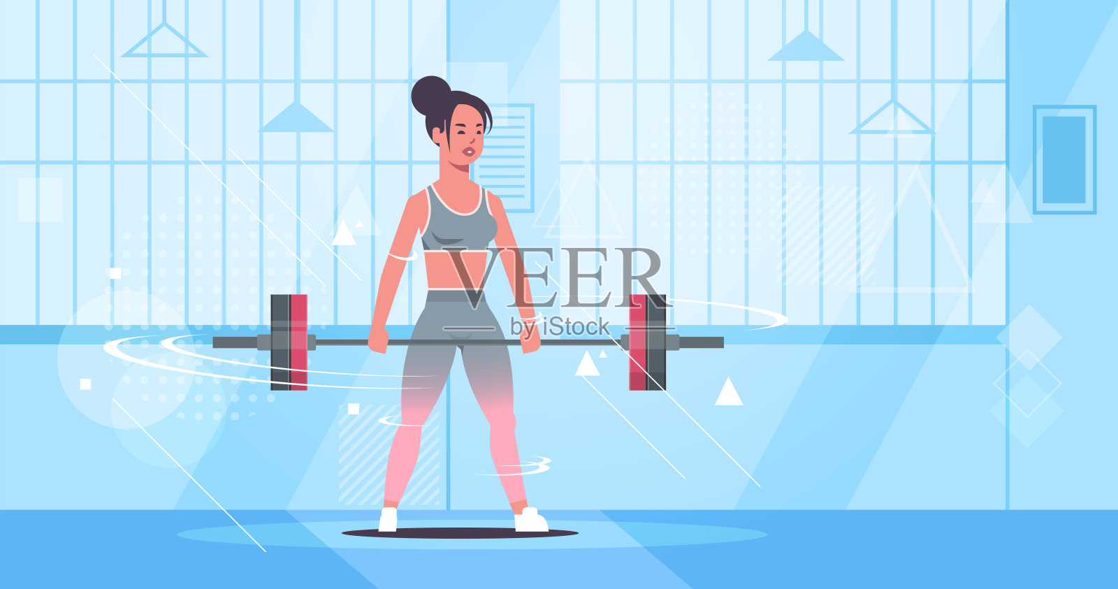 运动女孩举杠铃有吸引力的女人训练锻炼健康的生活方式健身概念兴奋的运动员女人在运动服装现代健身房工作室室内平坦全长水平插画图片素材