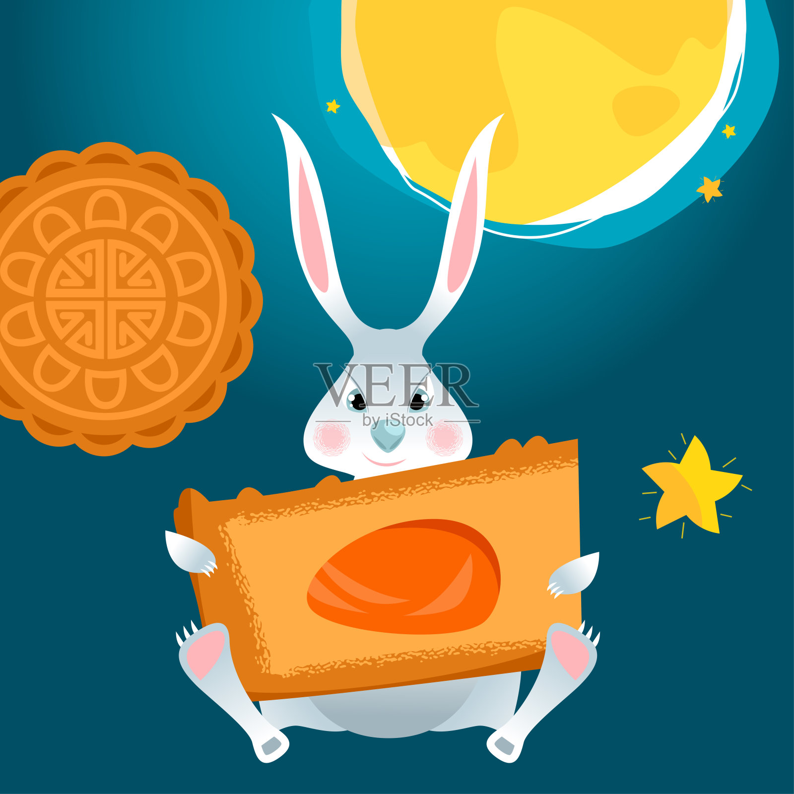 Traditional Mid Autumn Festival. Кabbit holding a piece of Mooncake.插画图片素材