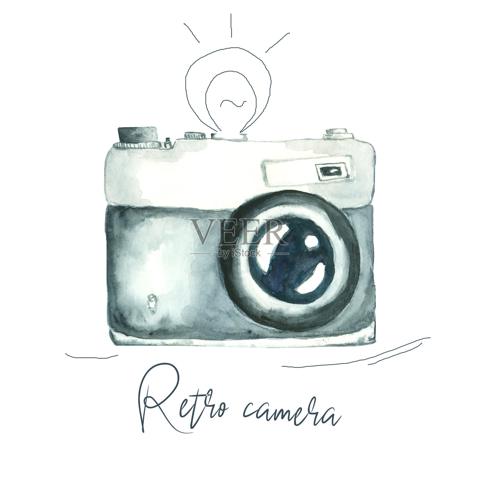水彩图像的复古相机孤立在白色背景与手绘古董闪光和标志设计元素图片