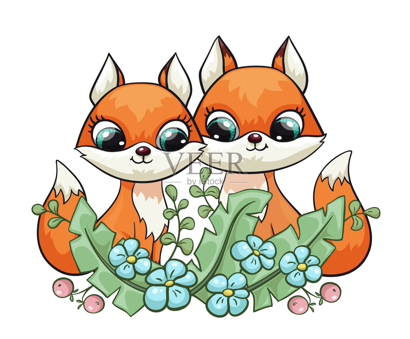 狐狸夫妇可爱的印花。甜蜜的小的家庭。动物与森林花酷朋友插画图片素材