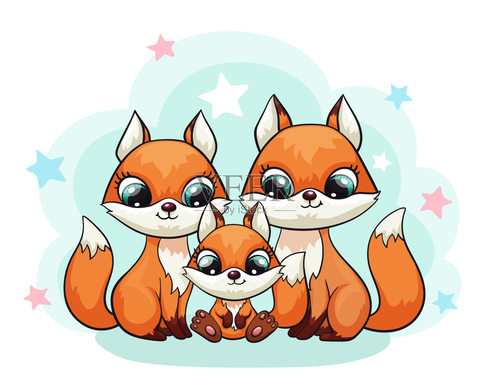 狐狸宝宝和爸爸妈妈可爱的印花。甜蜜的小的家庭。酷朋友动物与明星设计元素图片