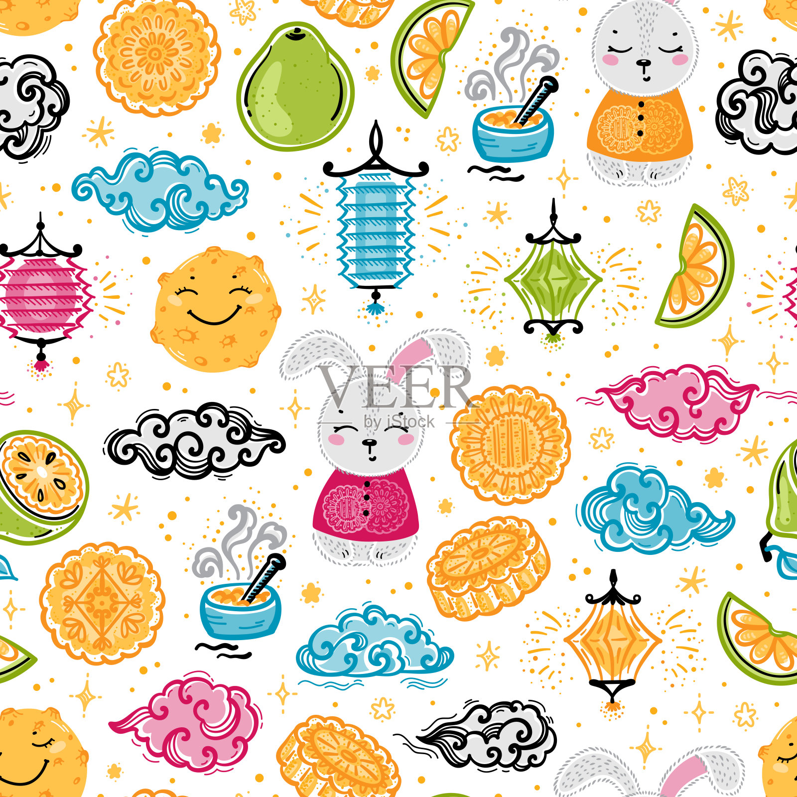 中国中秋节矢量背景。彩色无缝图案卡通可爱的兔子，满月，中国传统节日食品，月饼，云和纸灯笼。插画图片素材