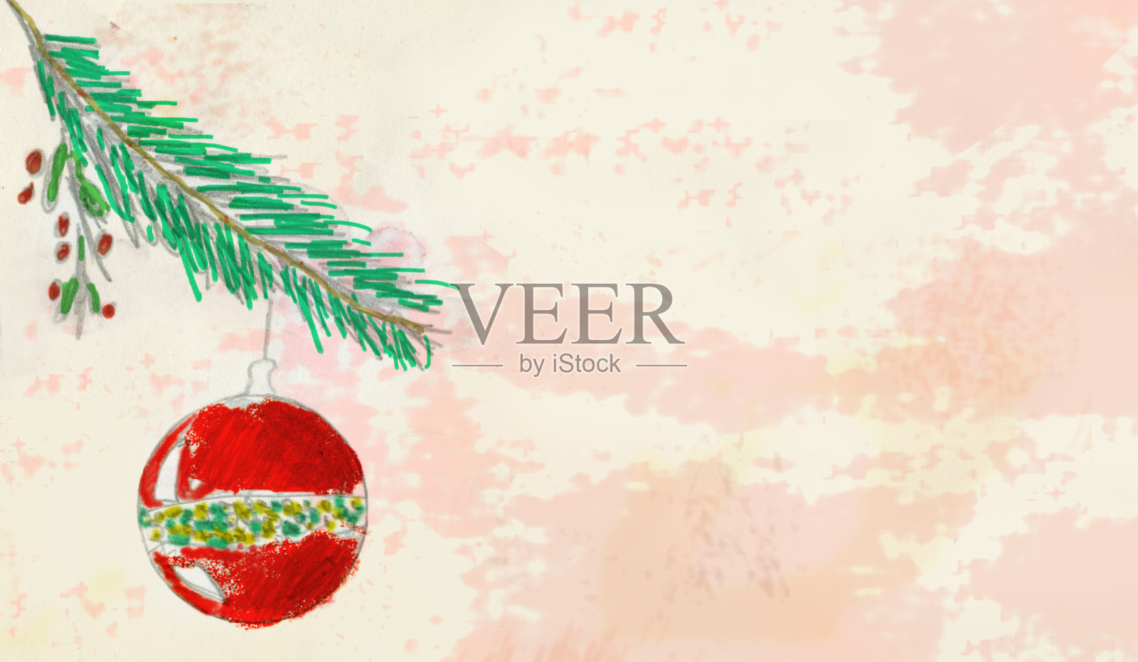 圣诞模板背景，手绘插图与圣诞球和树枝，免费复制空间插画图片素材
