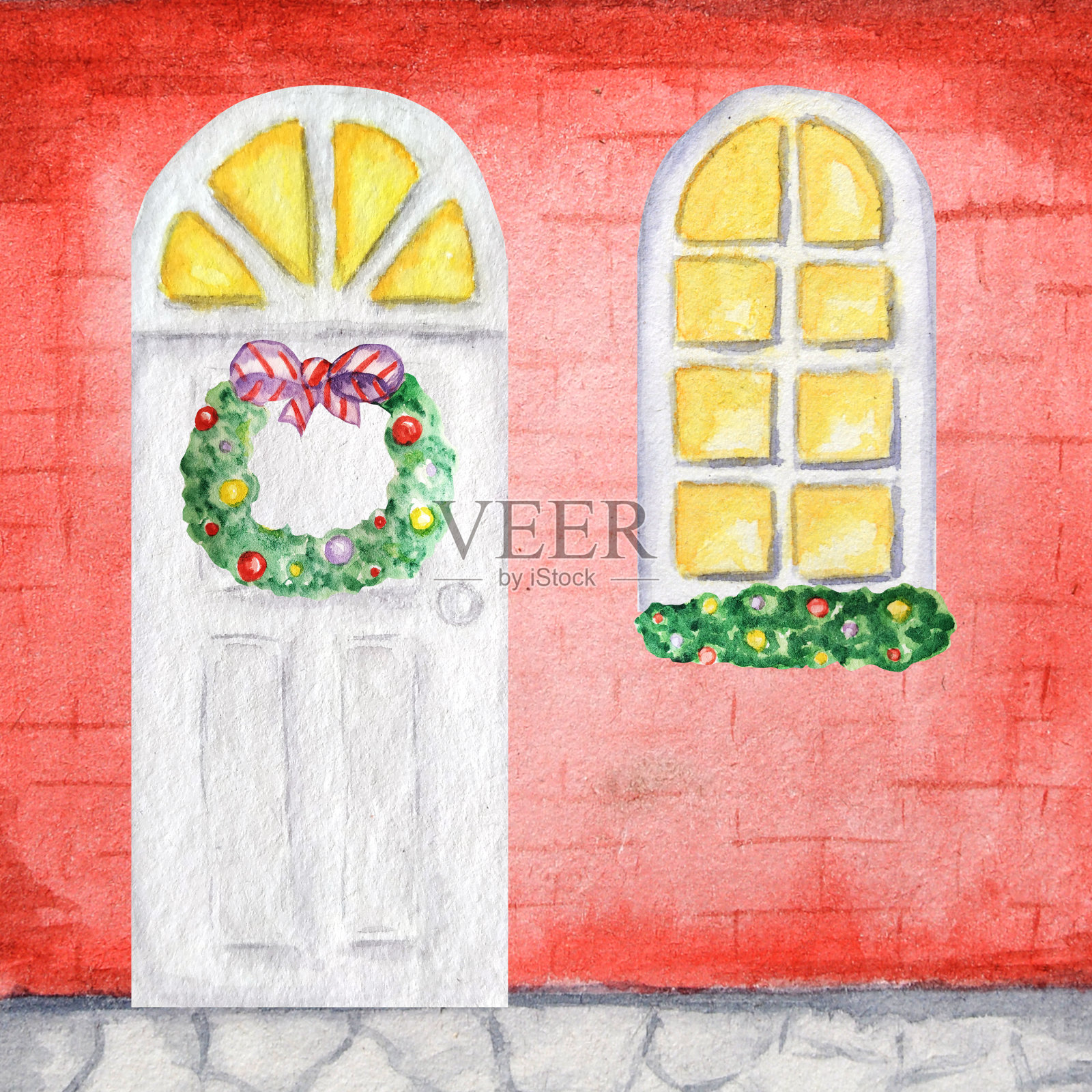 水彩白色木门和发光的窗户在复古风格的红色背景墙与圣诞花环装饰。手绘贺年卡、海报插画图片素材