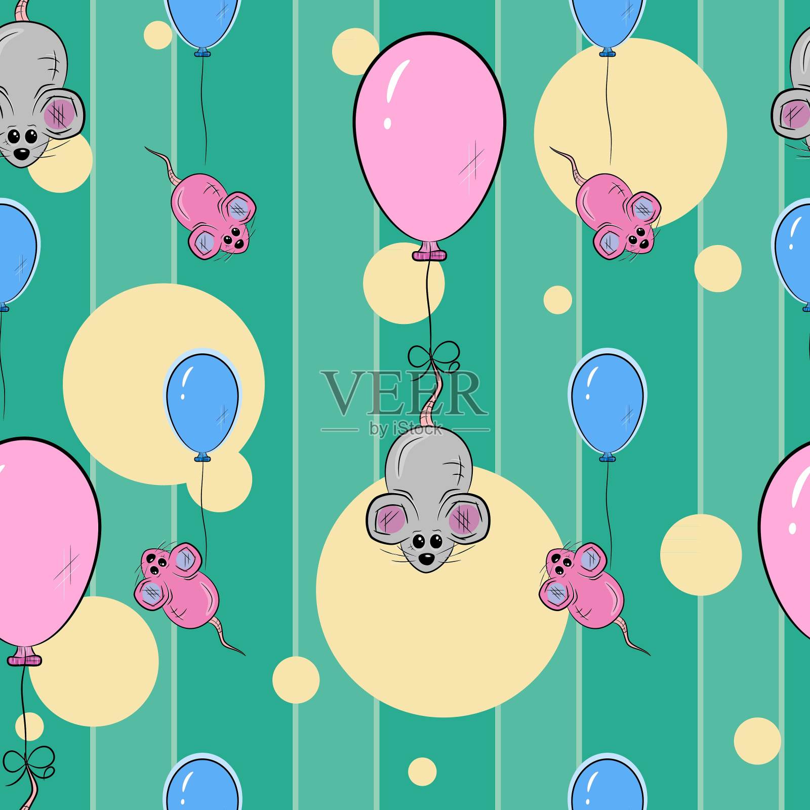 可爱的无缝模式。老鼠和气球。矢量插图。插画图片素材