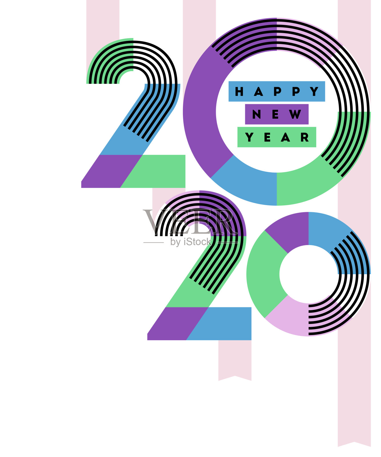 2020年新年快乐设计。带有条纹和色带的彩色抽象数字，孤立在白色背景上插画图片素材