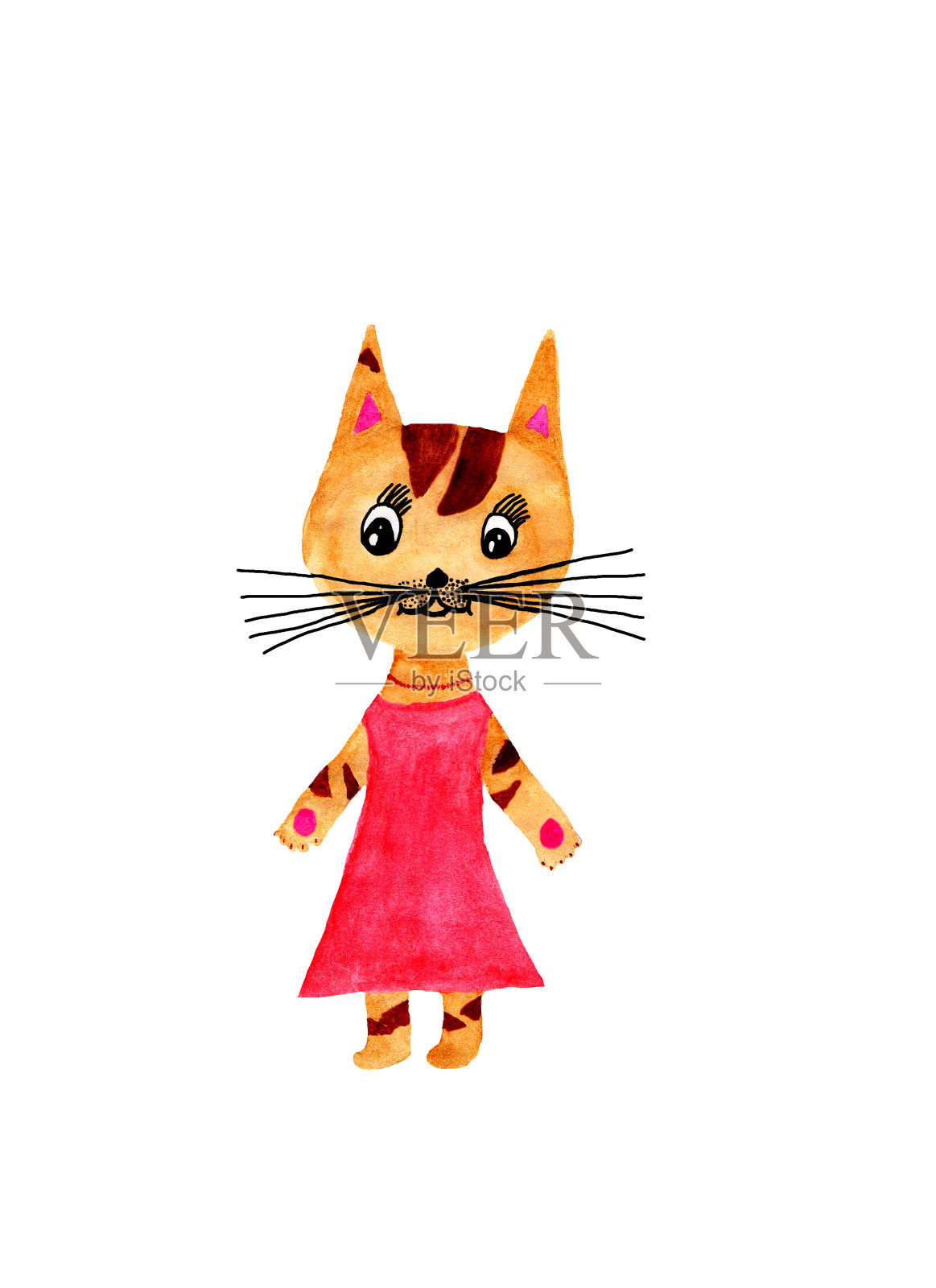 玩具橙色的猫在深红色的裙子，粉红色的爪子和耳朵与红色的珠子水彩画插画图片素材