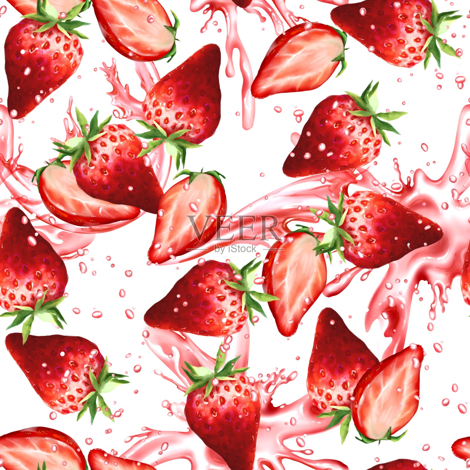 红草莓无缝图案插画图片素材