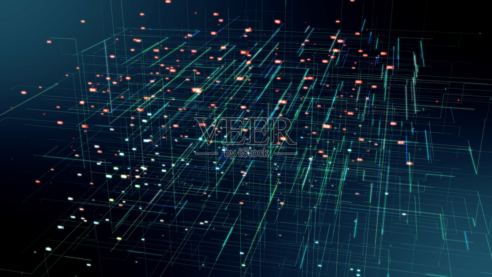 区块链网络，机器学习，深度学习和神经网络的概念。蓝色分布式连接原子，黑色背景，3d渲染插画图片素材
