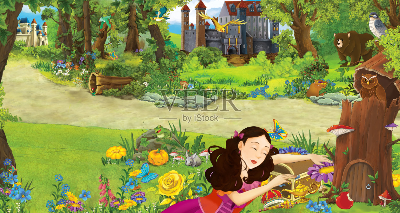 卡通场景与年轻的女孩公主在森林附近的一些城堡在森林插画图片素材