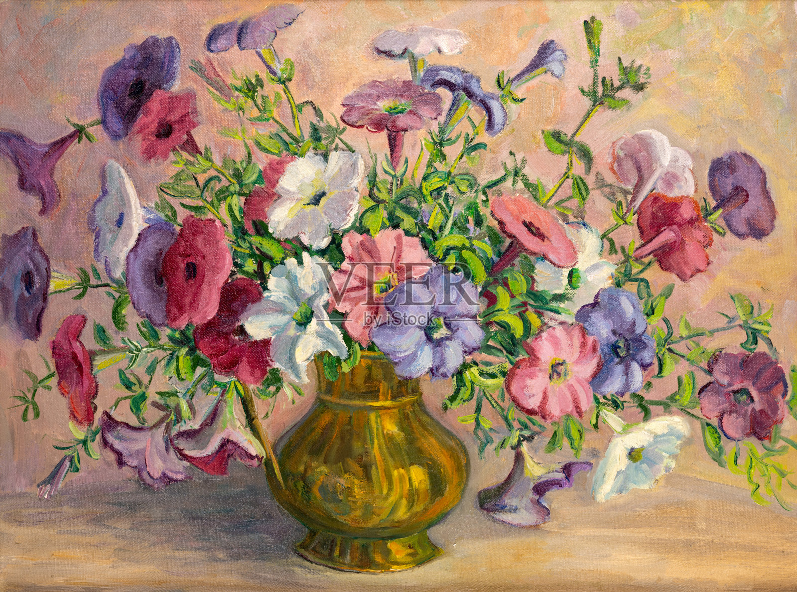 花瓶里的花，古董油画插画图片素材